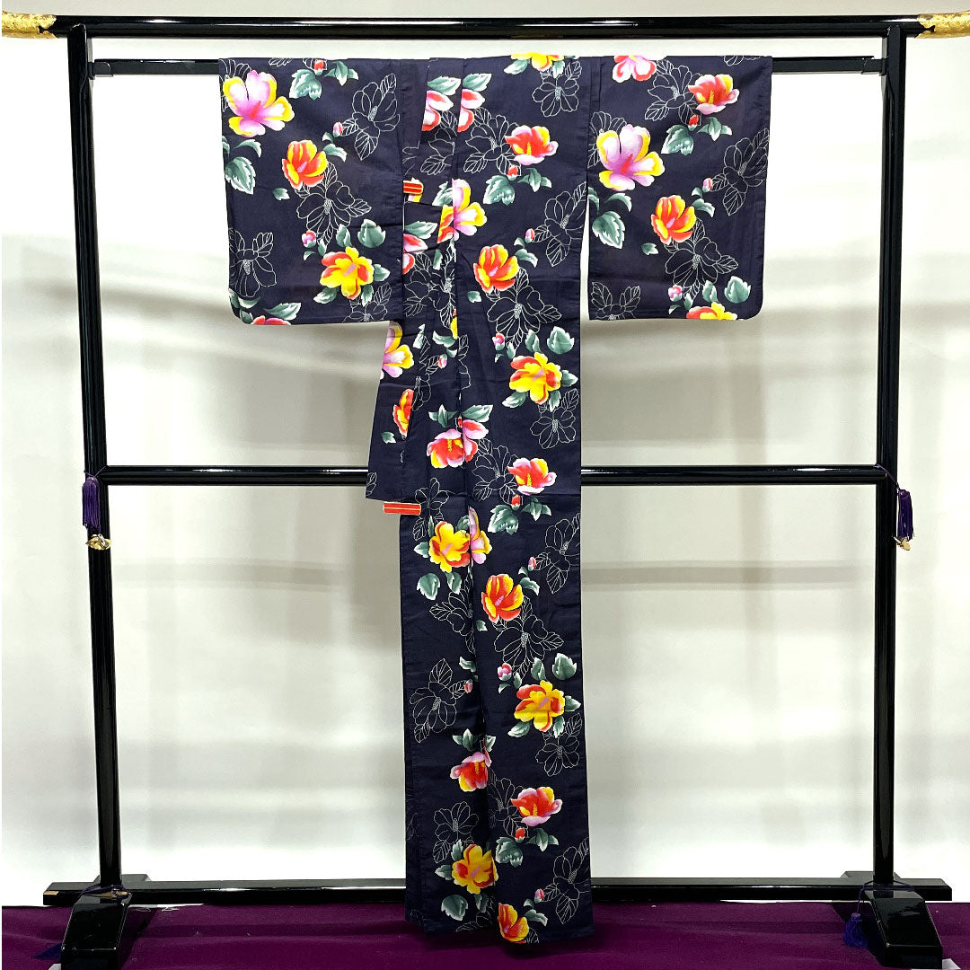 浴衣 紫烏色 花模様 木綿 Sランク 単衣 身丈162.5cm 裄丈64.5cm 紫系 1118002352420
