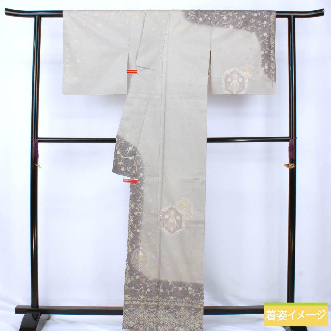 訪問着 正絹 Sランク 袷 身丈164.5cm 裄丈64.5cm 絹鼠色(きぬねずいろ) 蘇州刺繍 汕頭刺繍 抽象模様 グレー系 1112006422422