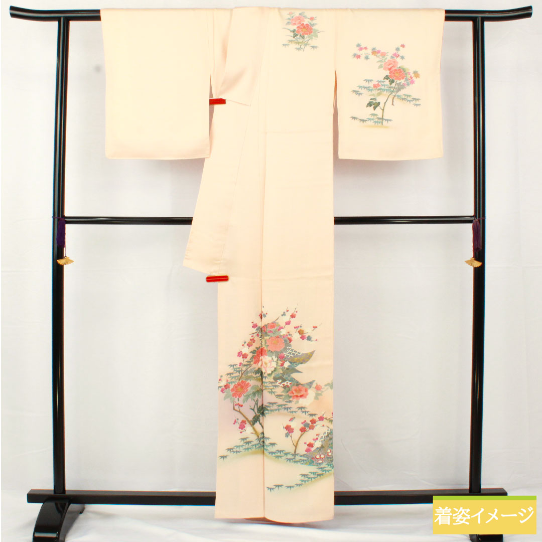 訪問着 正絹 袷 身丈161.5cm 裄丈63cm 乙女色(おとめいろ) 京友禅 草花模様 Sランク ピンク系 1112005312413