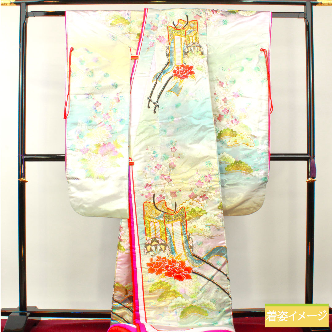 Colored uchikake, pure silk, length 190cm, sleeve length 66.5cm, gold leaf finish, Karaori, auspicious motif, Imperial carriage, S rank, lined, gradation style, 1110000882999