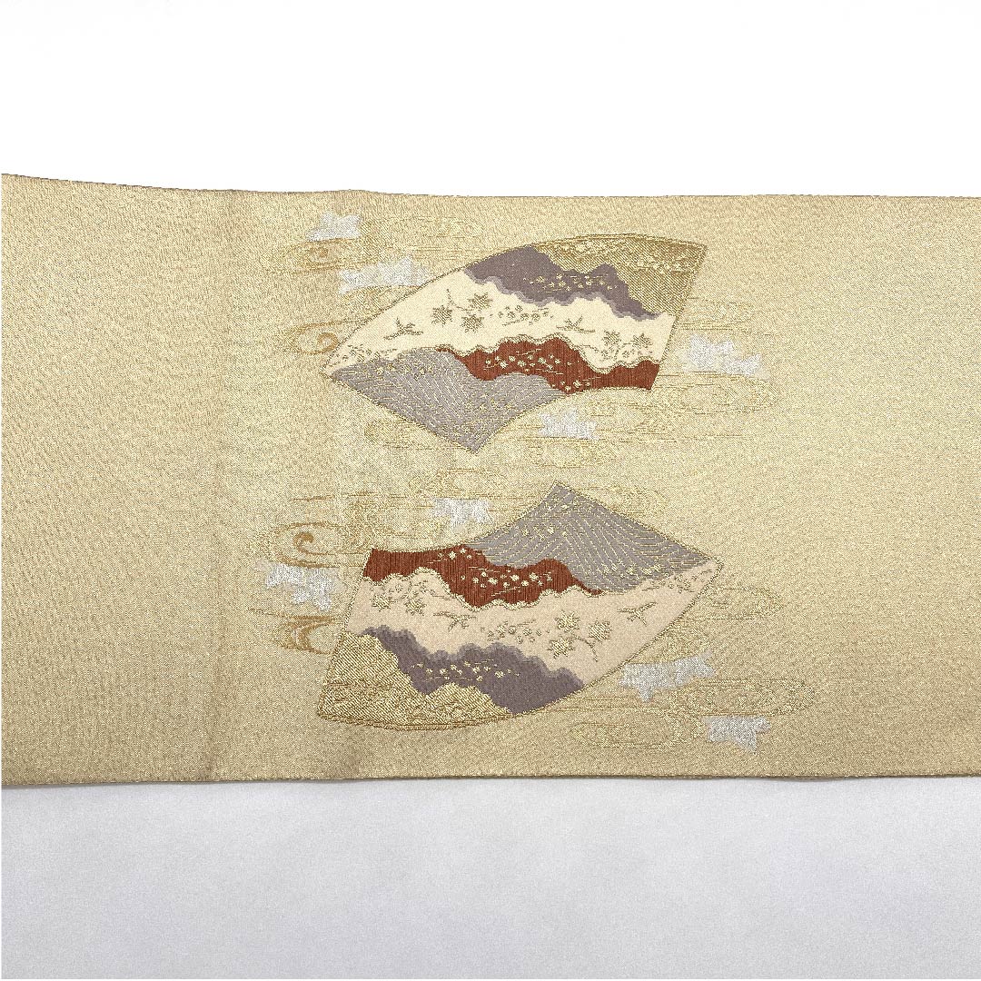 Fukuro obi (torinoko color) Kanze Ryusui (water flowing stream), fan surface, auspicious motif, obi length 436cm, pure silk, A rank, point pattern, formal, cream color, 1123007923315
