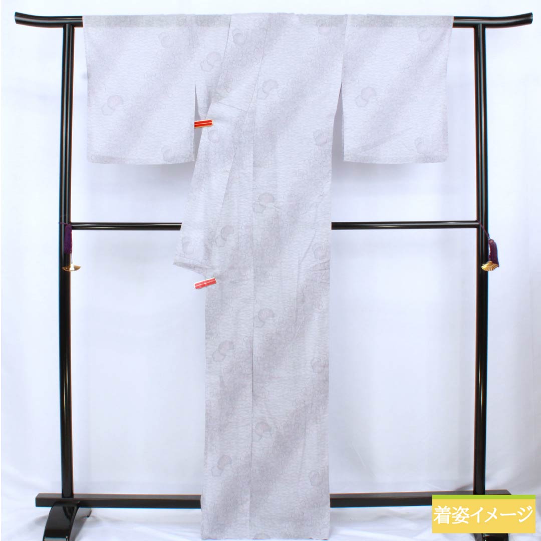 夏物 ポリエステル 小紋 身丈167.5cm 裄丈67.5cm 雪色(せっしょく) 雪輪 小花 紗 Aランク グレー系 1132002403522