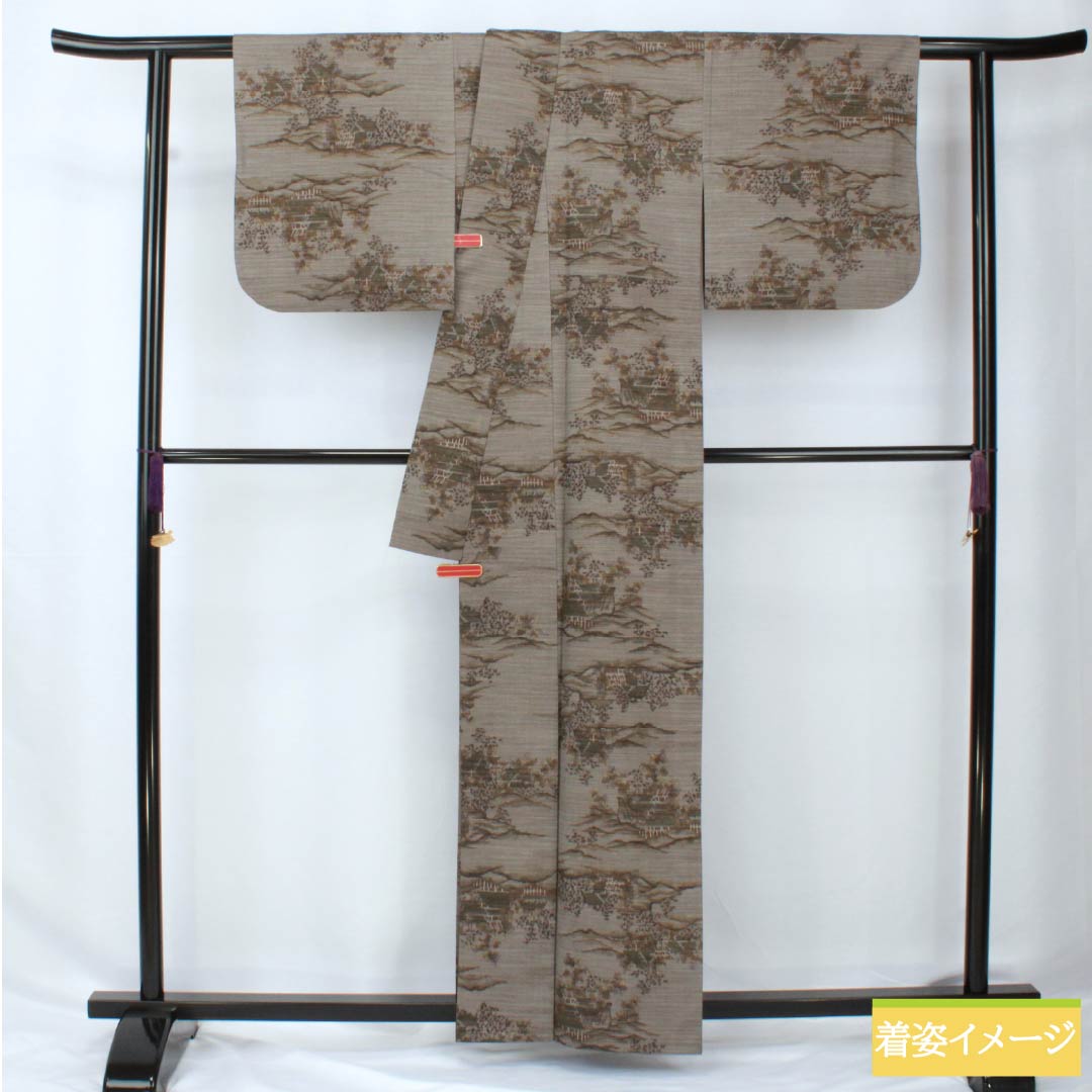 紬 正絹 身丈161.5cm 裄丈66cm 京極生壁色(きょうごくなまかべいろ) 風景模様 居敷当て付き Sランク 単衣 グレー系 1116003802422