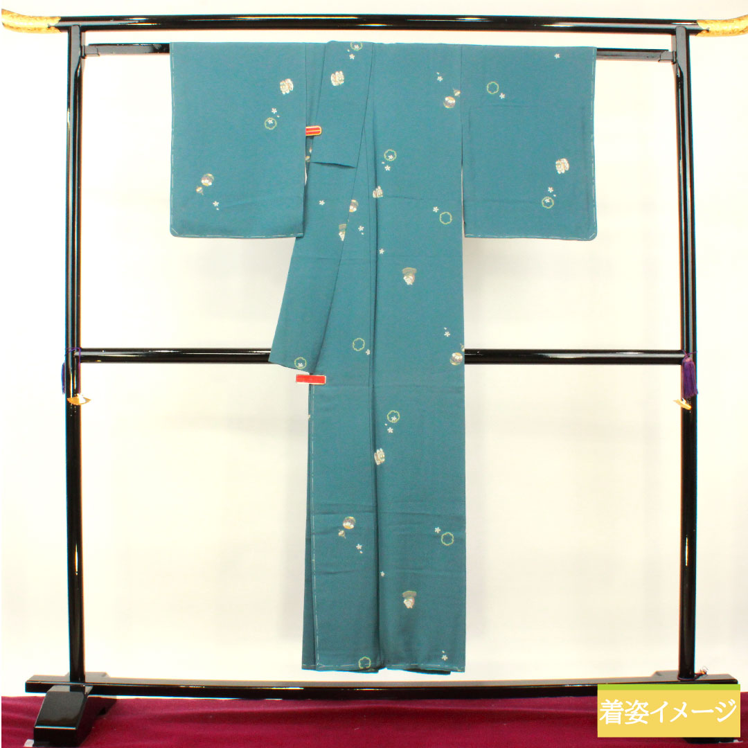 Komon, pure silk, length 150.5cm, sleeve length 62.5cm, lined, rust color, snowflake, rabbit, B rank, blue, 1115004214117