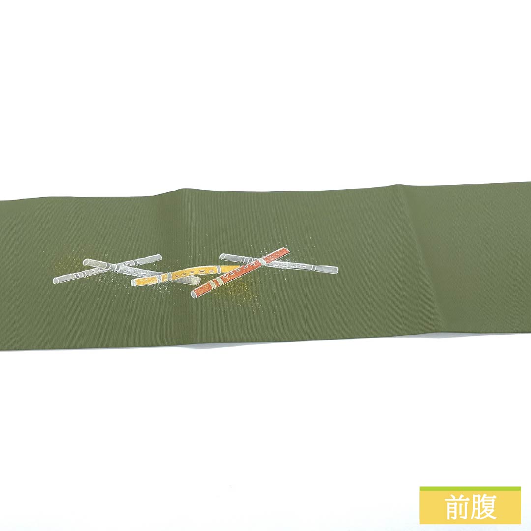 名古屋帯 正絹 Sランク 岩井茶色(いわいちゃいろ) 染め帯 笛 帯丈372cm ポイント柄 セミフォーマル 緑系 1124010672319 名古屋仕立て