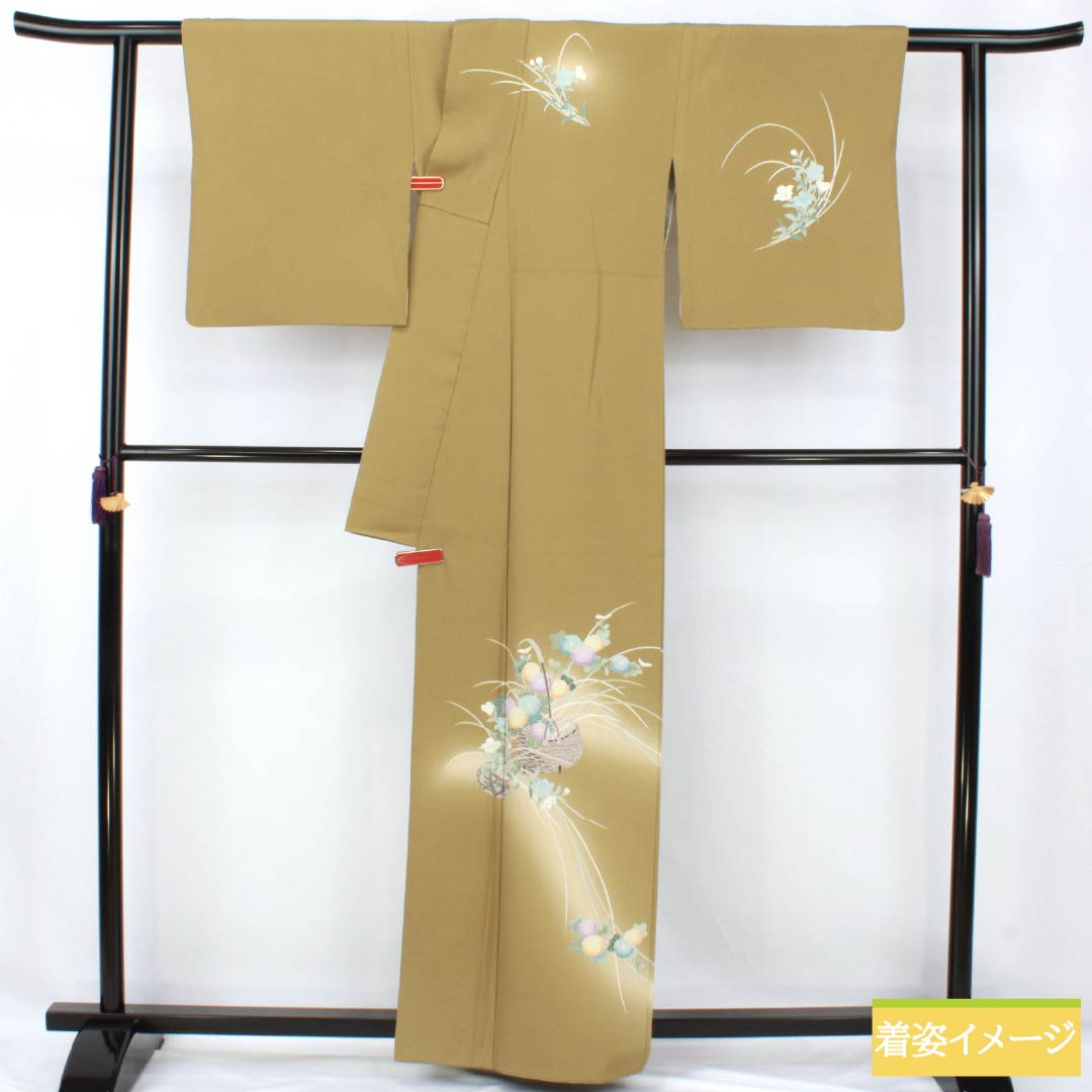 Visiting Kimono, Pure Silk, B-Rank, Lined, Length 160.5cm, Sleeve Length 67cm, Mulberry Dyed, Kyoto Yuzen, Flower Basket, Yellow, Product Number: 1112007124423