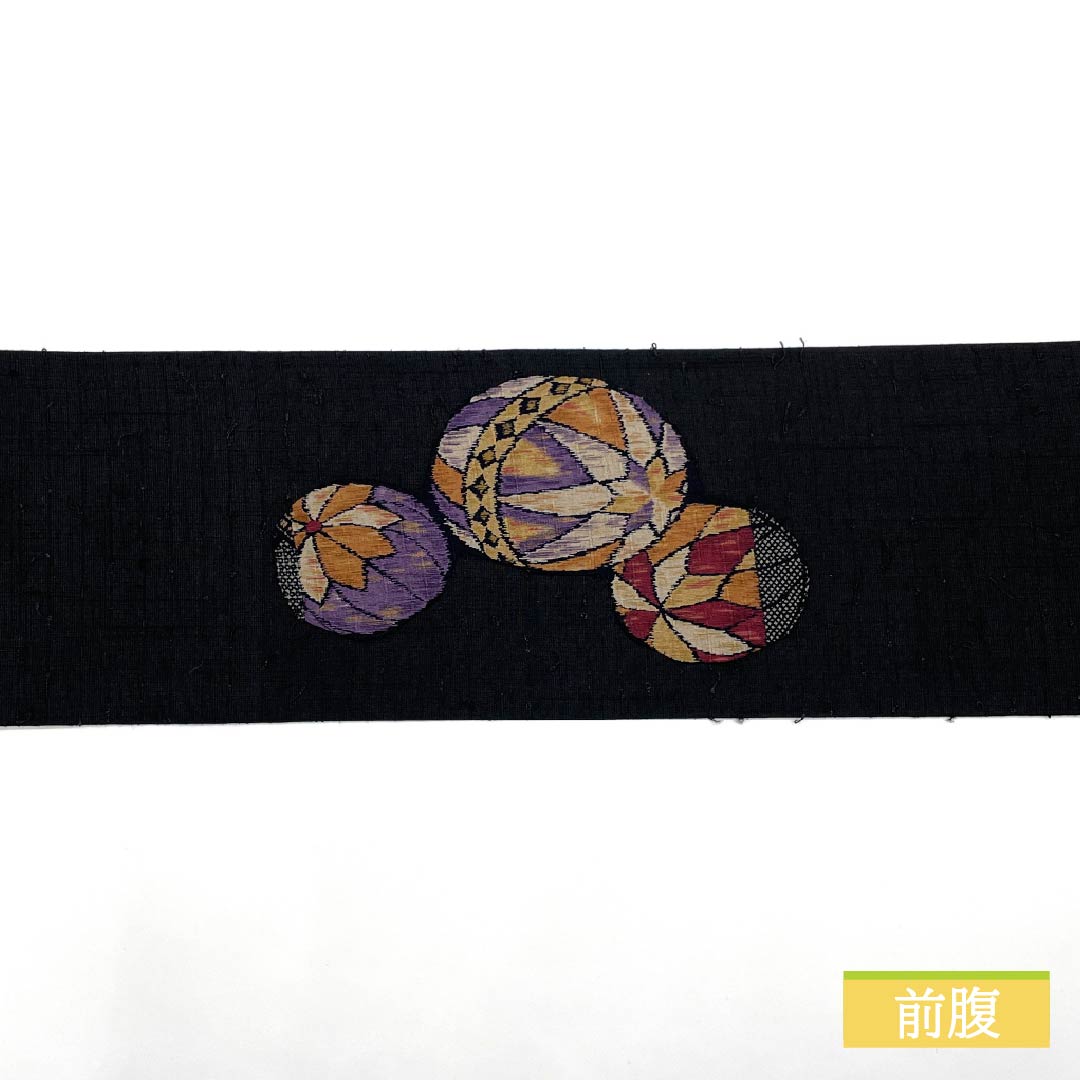 名古屋帯 パッチワーク 毬 ひげ紬 帯丈367cm 正絹 Sランク ポイント柄 カジュアル 黒系 1124007882310 名古屋仕立て