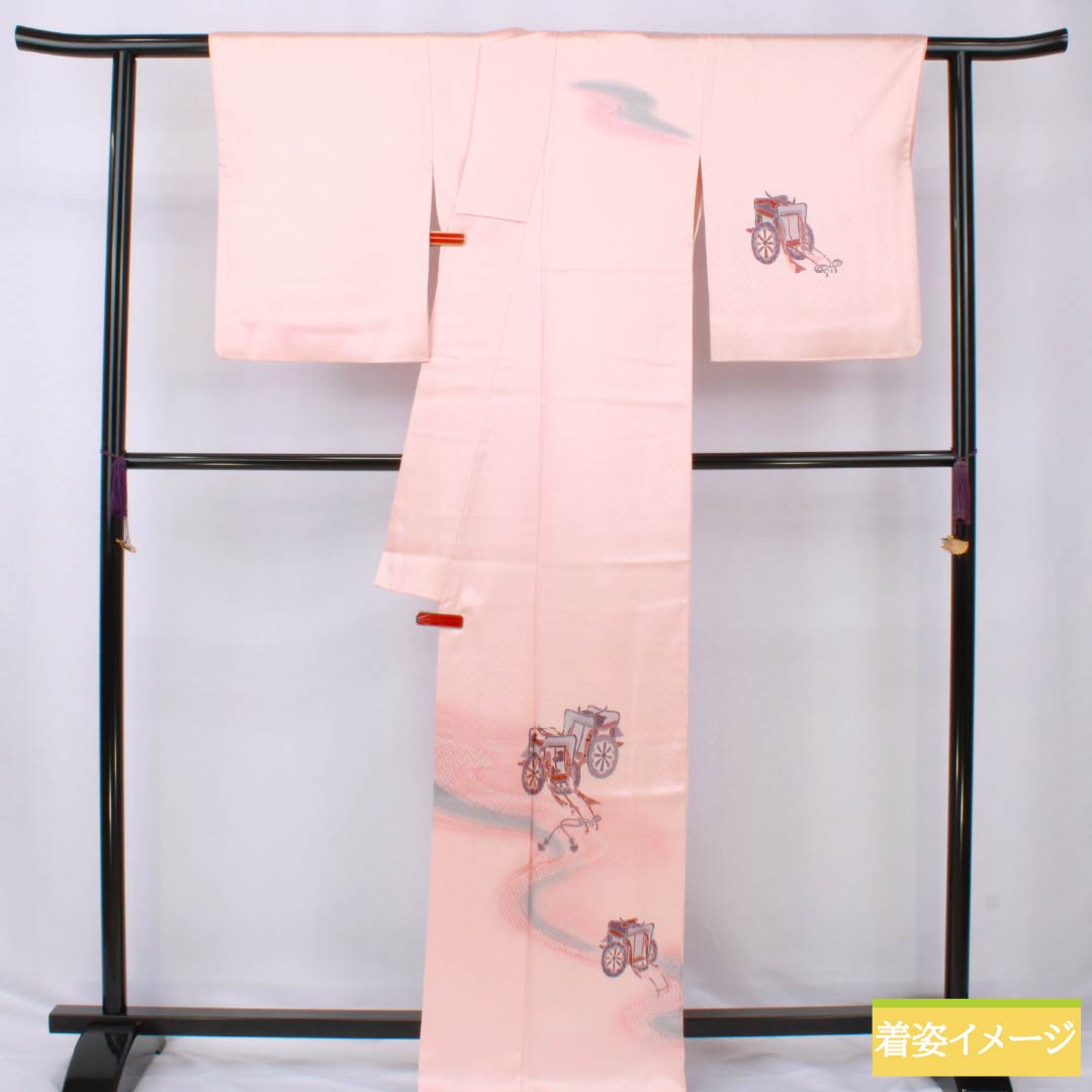 訪問着 正絹 Sランク 袷 身丈166cm 裄丈65cm 曙色(あけぼのいろ) 京友禅 付下げ 御所車 流水 ピンク系 1112006512513