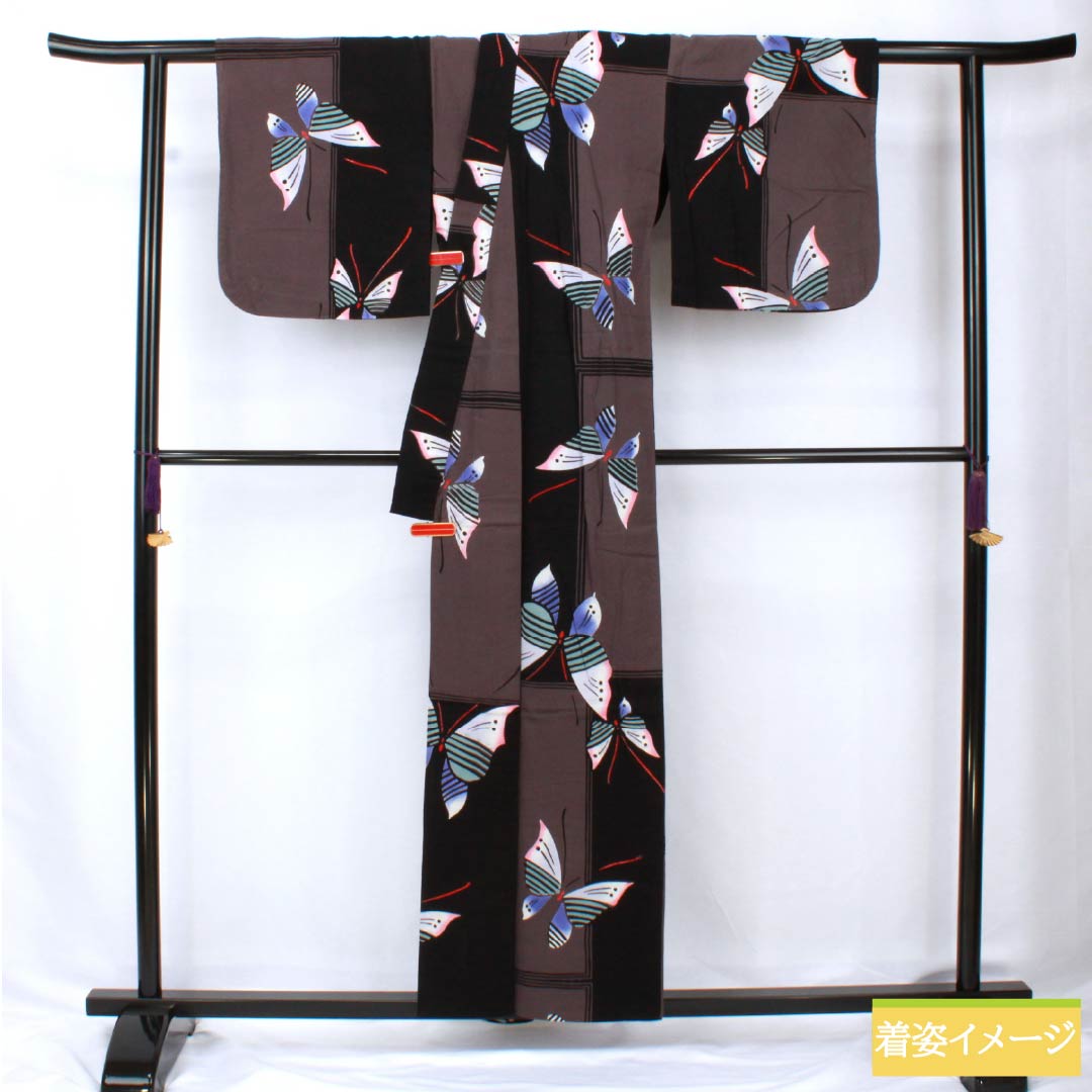 浴衣 木綿 身丈158cm 裄丈67cm Bランク 単衣 モノトーン 蒲萄鼠色(ぶどうねずいろ) 蝶 1118005824327