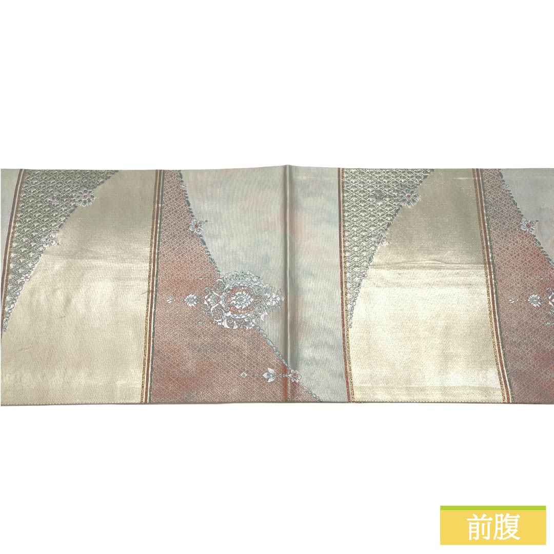 袋帯 正絹 Aランク 銀色(ぎんいろ) 引箔 抽象柄 帯丈414cm 六通 セミフォーマル 銀系 1123018453322