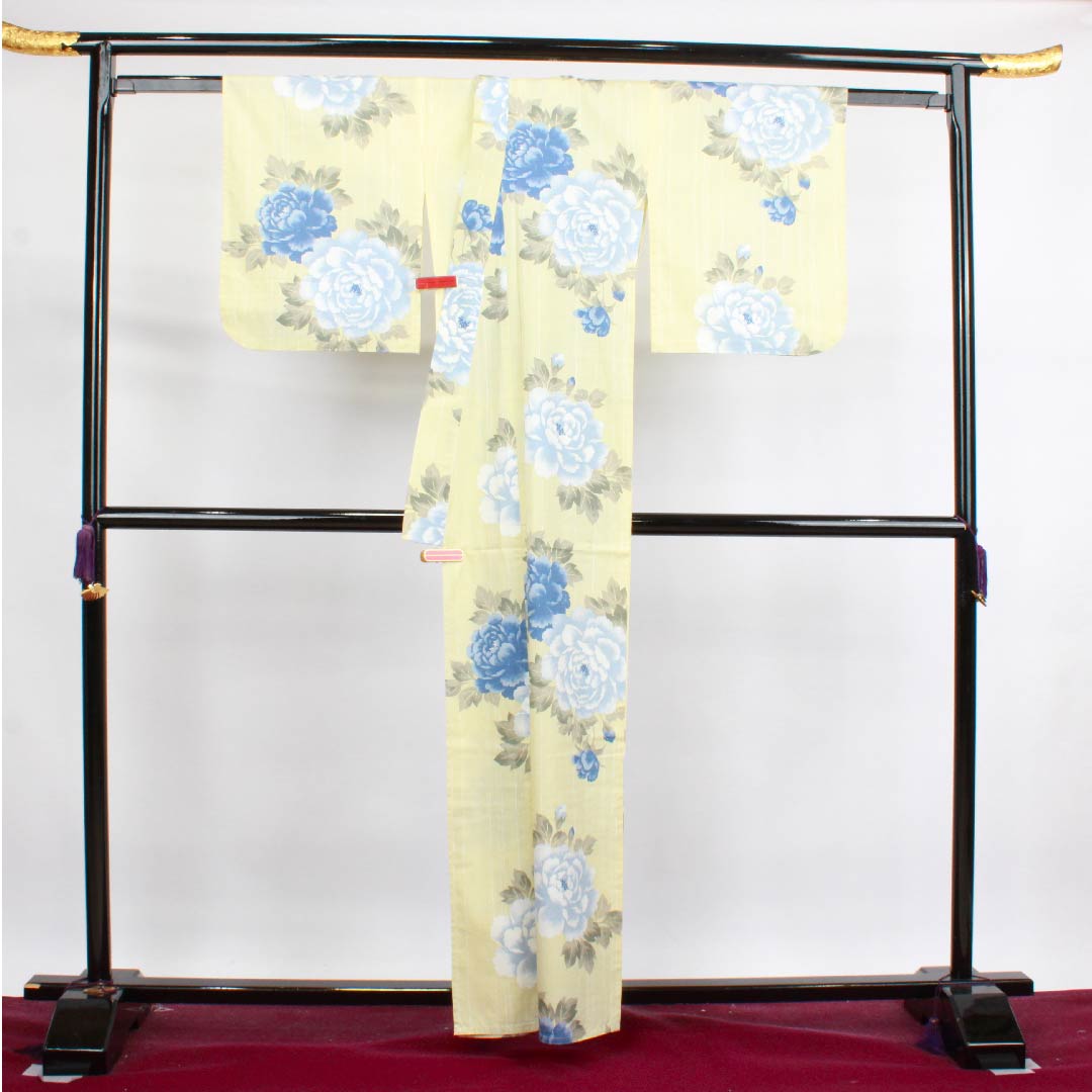 浴衣 薄黄蘗色 牡丹木綿 Sランク 単衣 身丈161.5cm 裄丈66cm 黄系 1118004442423
