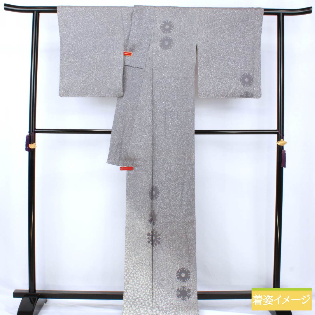 訪問着 正絹 Sランク 袷 身丈163cm 裄丈64cm 鉛色(なまりいろ) 付下げ 雪の結晶 たたき染め グレー系 1112007292422