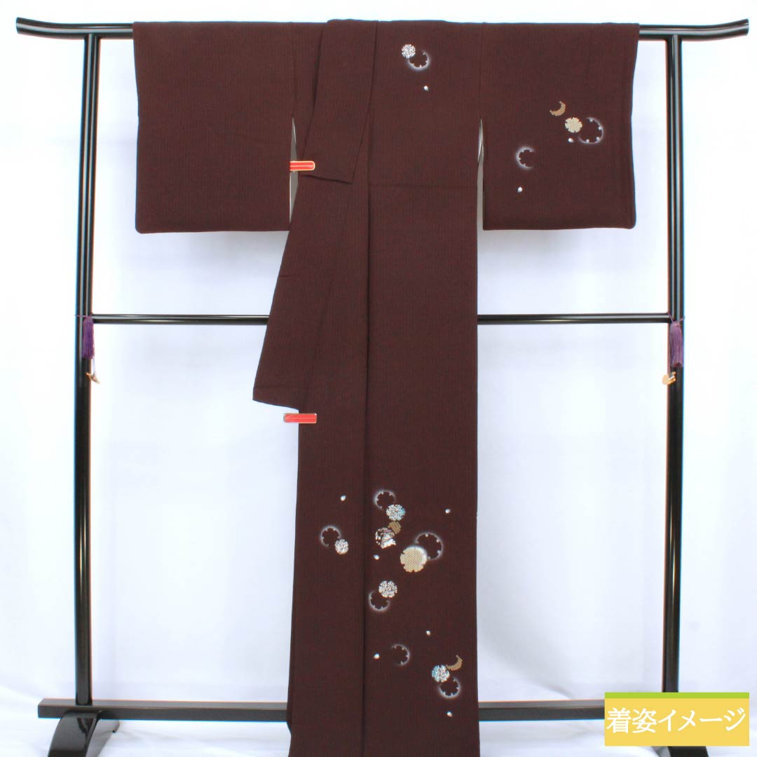 訪問着 正絹 Sランク 袷 身丈165.5cm 裄丈68cm 臙脂墨色(えんじずみいろ) 京友禅 付下げ 雪輪 うさぎ 刺繍 紫系 1112006722520