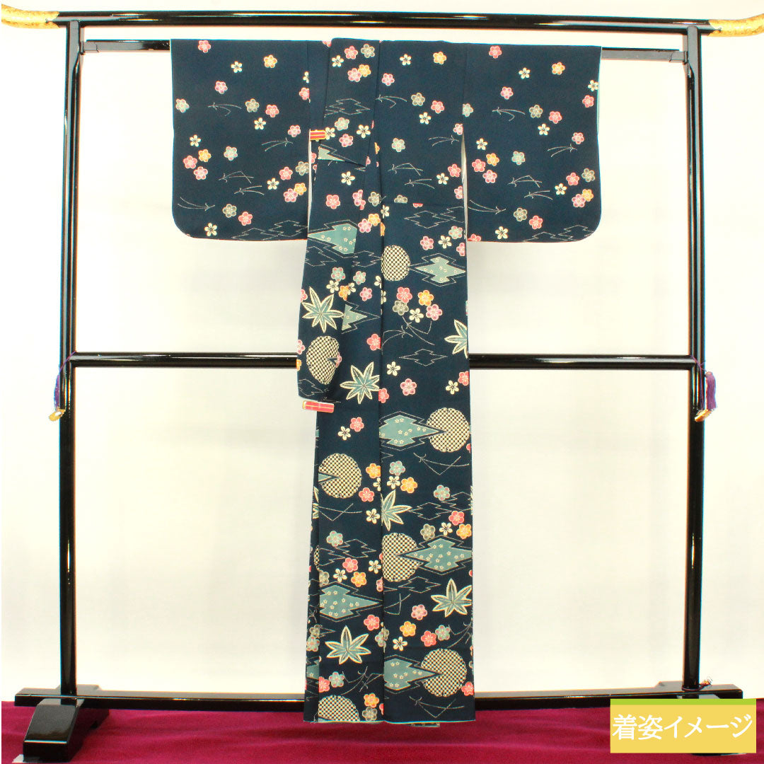 Homongi, pure silk, lined, length 158.5cm, sleeve length 62cm, dark blue, small pattern, tsukesage, Kyoto Bingata, A rank, navy blue, 1112003783318