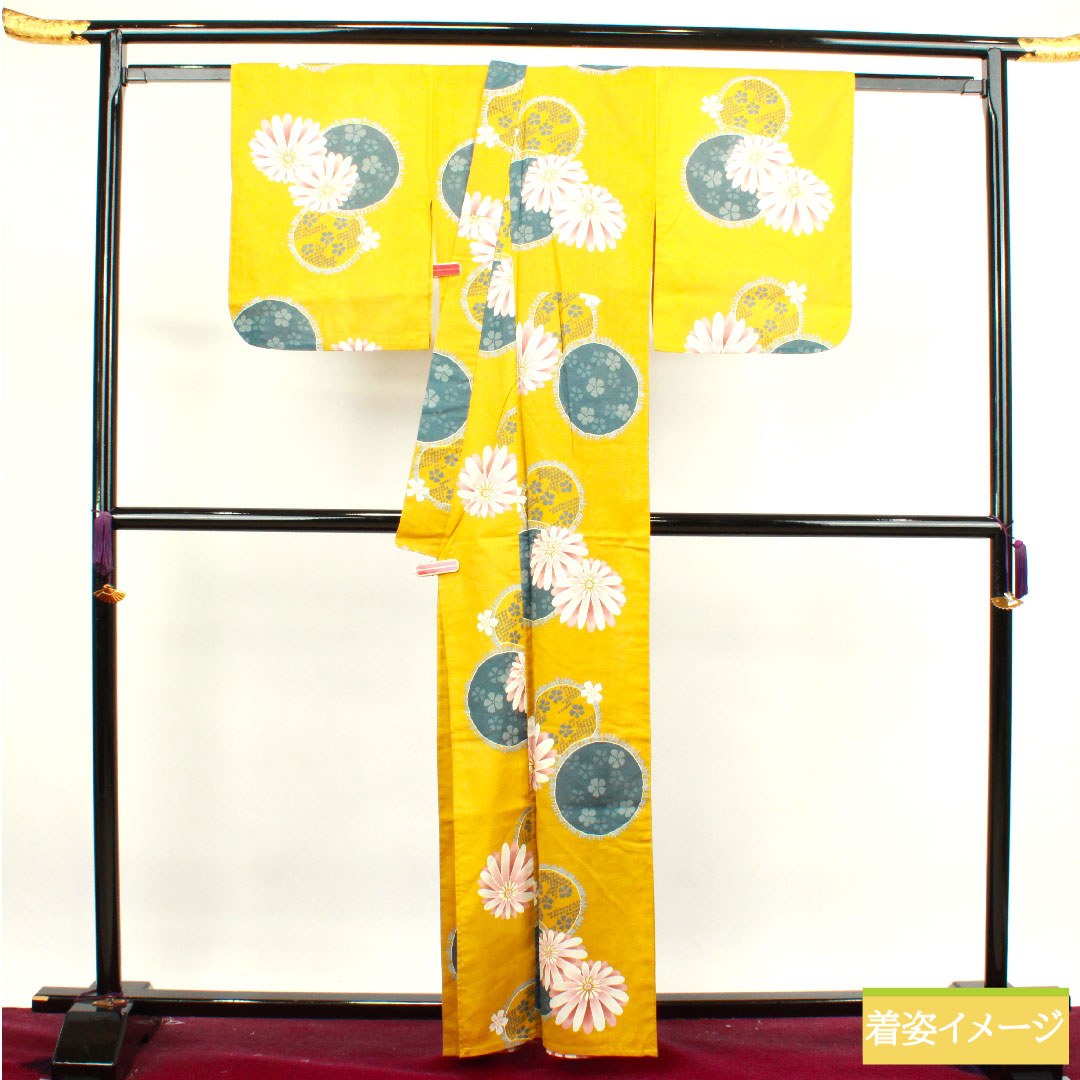 Yukata Cotton Length 161.5cm Sleeve length 65cm S rank Single layer Yellow Hajiiro Gerbera Cherry Blossom Pink 1118004492423