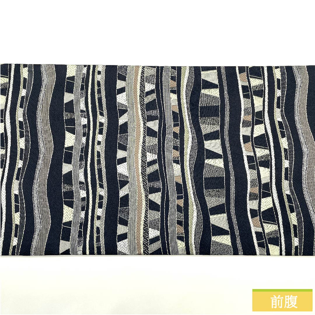 名古屋帯 京袋帯 燻色 よろけ横段 幾何学模様 古典柄 帯丈388cm ポリエステル NEWランク 六通 カジュアル 黒系 1124005421310 京袋