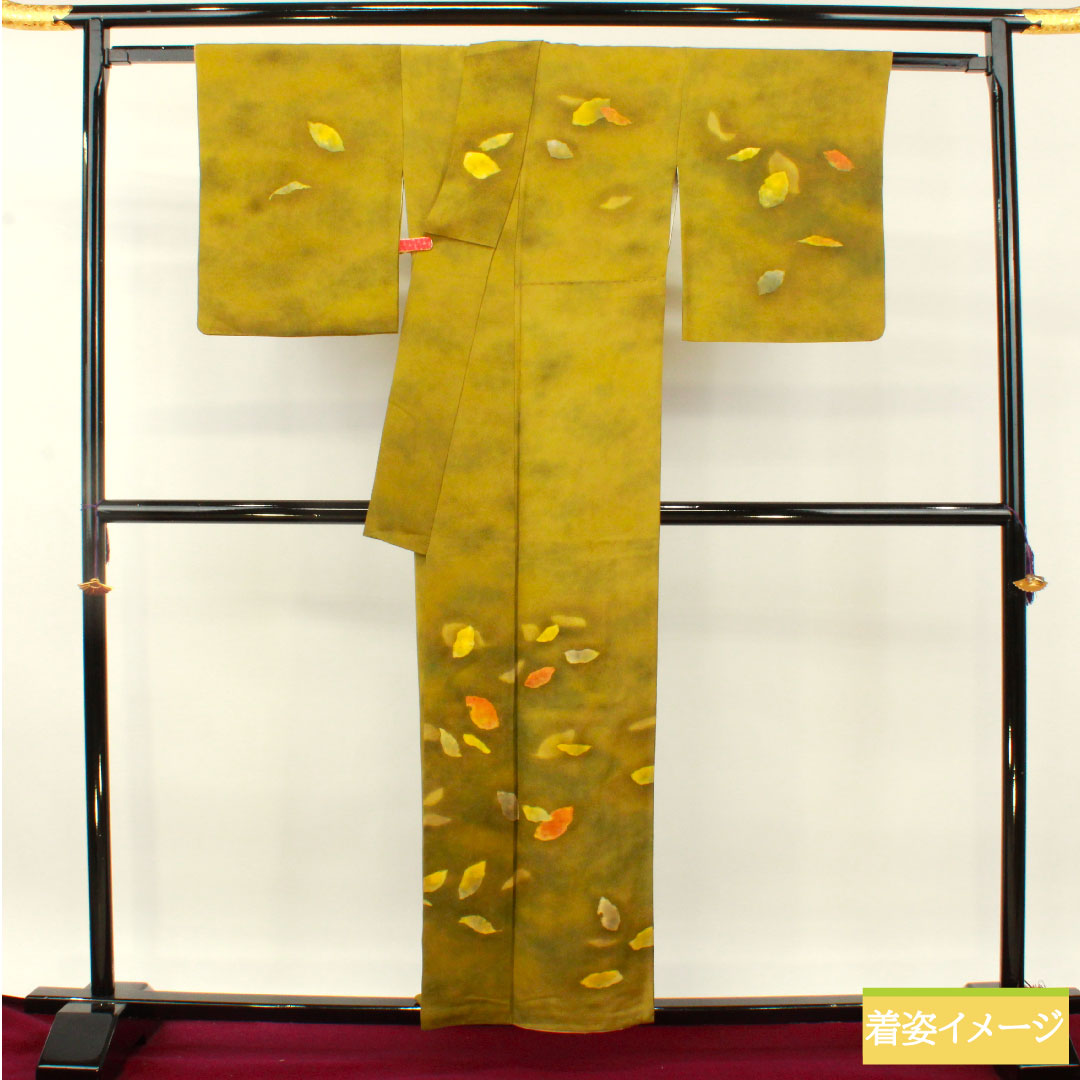 訪問着 正絹 袷 身丈157cm 裄丈66cm 青宣徳色(あおせんとくいろ) 濡れ描き 落葉模様 Aランク 緑系 1112004853319