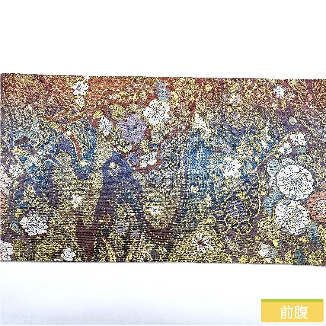 (未仕立)袋帯 半色(はしたいろ) 辻ヶ花 切り嵌め風 帯丈436cm 正絹 Sランク 六通 セミフォーマル 紫系 1123009932320