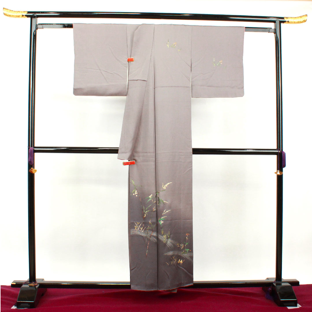 Homongi, pure silk, lined, length 156cm, sleeve length 63cm, tin color, gold leaf finish, floral pattern, S rank, gray, 1112002942322