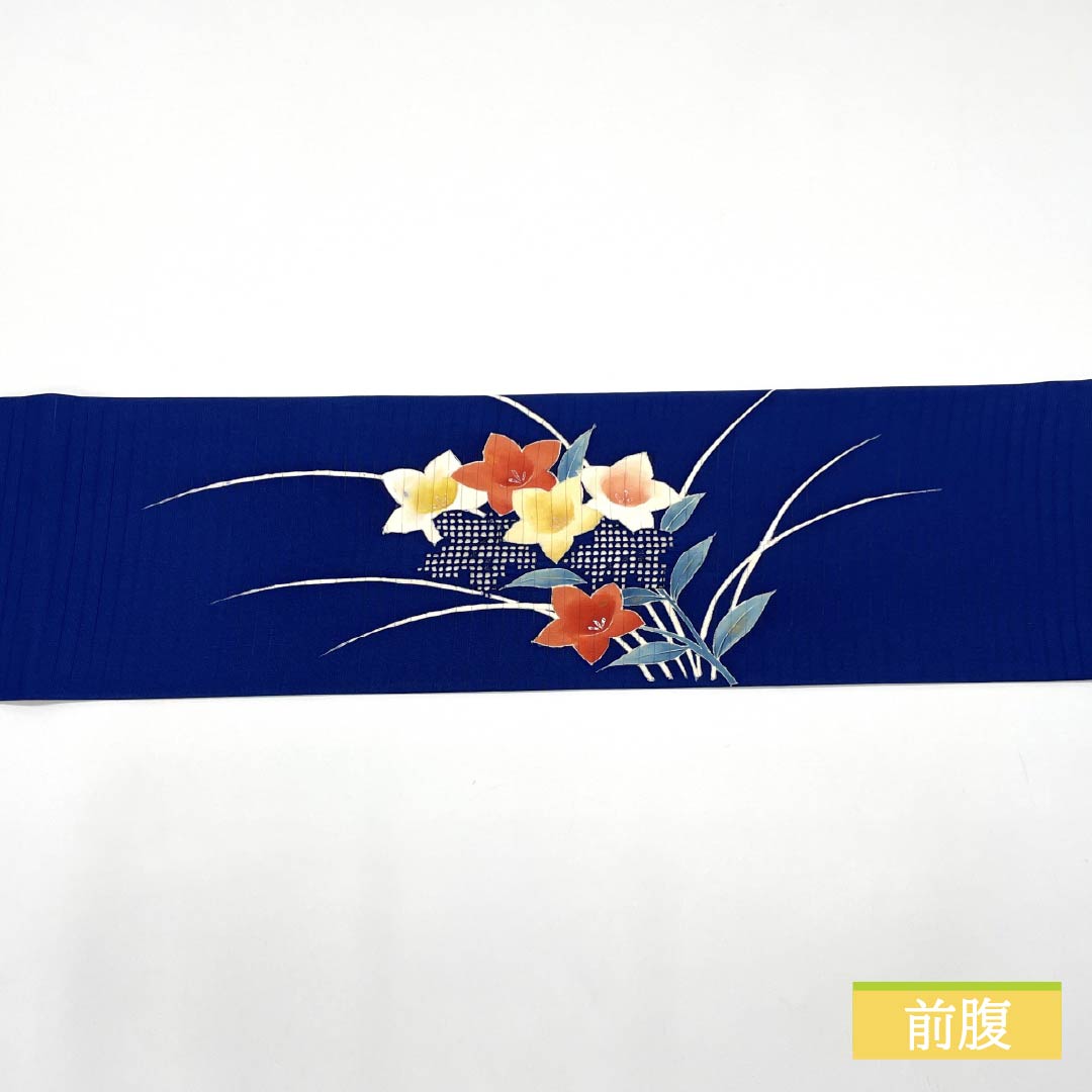 Nagoya Obi, Pure Silk, Ruriiro (Blue), Summer Obi, Dyed Obi with Kikyo (Pink Flower) Design, Length 356cm, S Rank, Pointed Pattern, Semi-Formal, Blue, Item Number 1124008582317, Nagoya Style