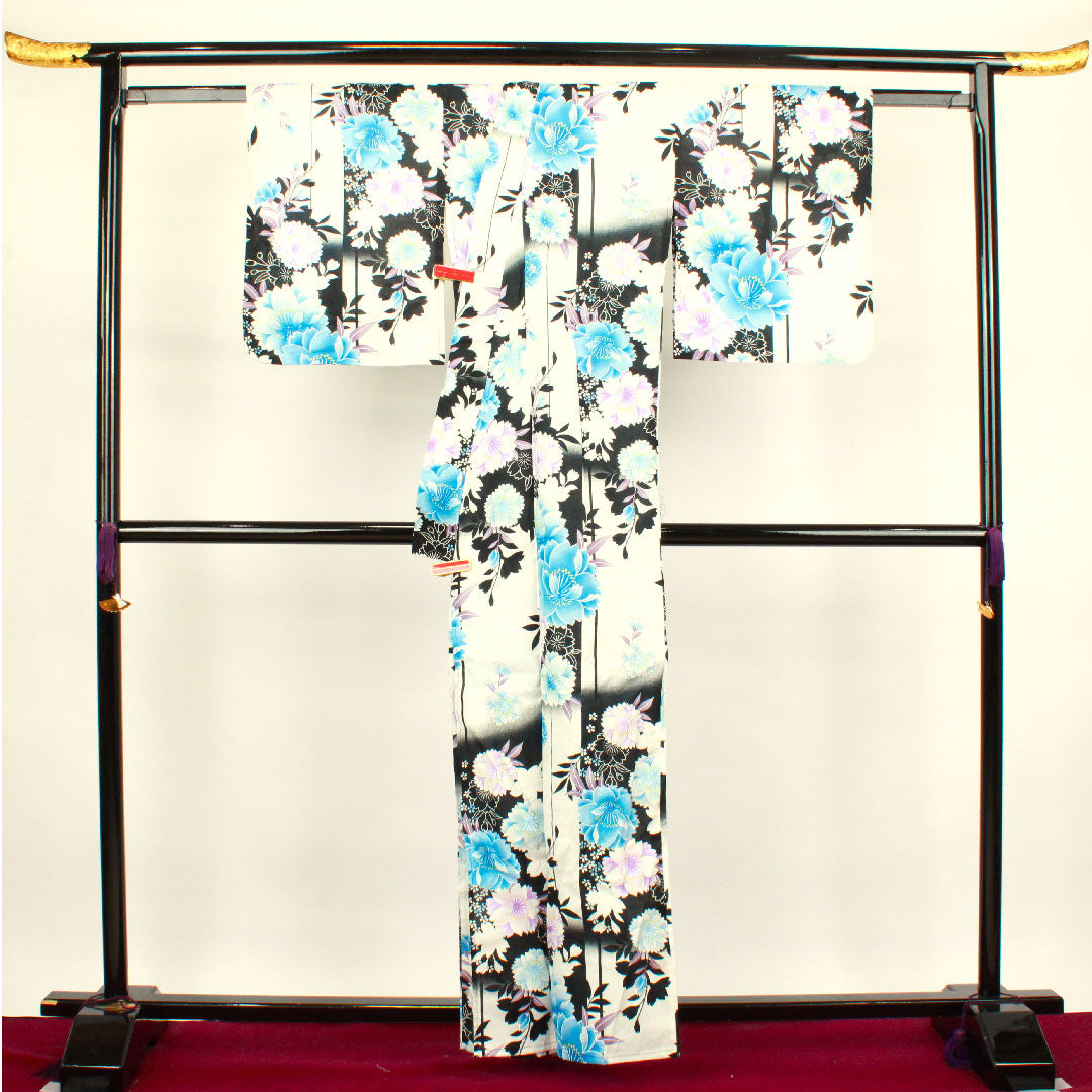 浴衣 モノトーン 桜 市松 木綿 Aランク 単衣 身丈163cm 裄丈65.5cm 白系 1118001633411