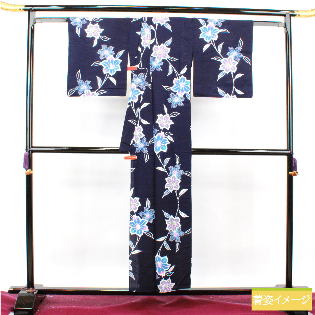 浴衣 木綿 身丈153.5cm 裄丈67.5cm Sランク 単衣 紺系 濃紺色(のうこんいろ) 山茶花 1118004802218