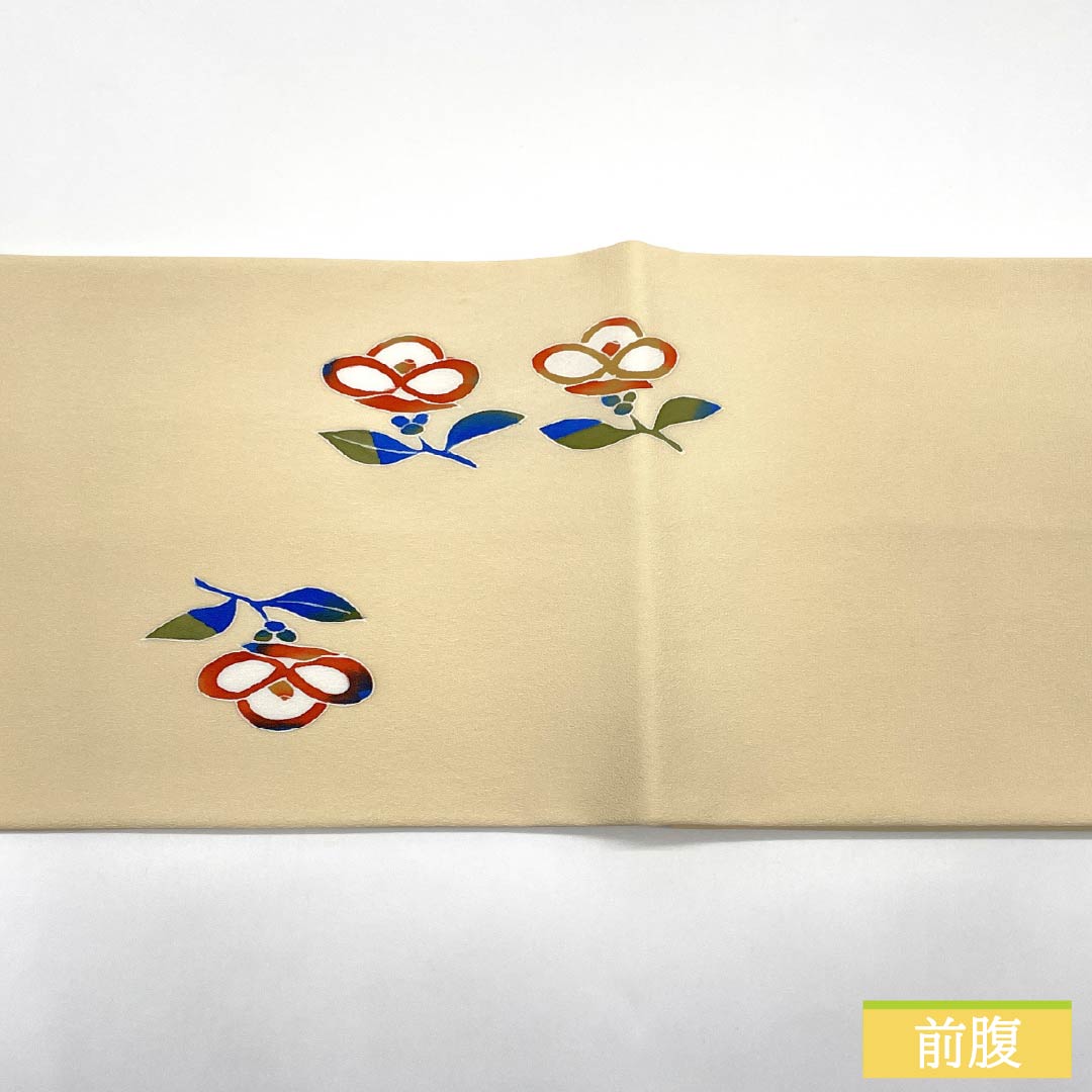 名古屋帯 ポリエステル Sランク 鳥の子色(とりのこいろ) 型染 ちりめん地 椿 帯丈372cm ポイント柄 カジュアル クリーム系 1124010812315 開き仕立て