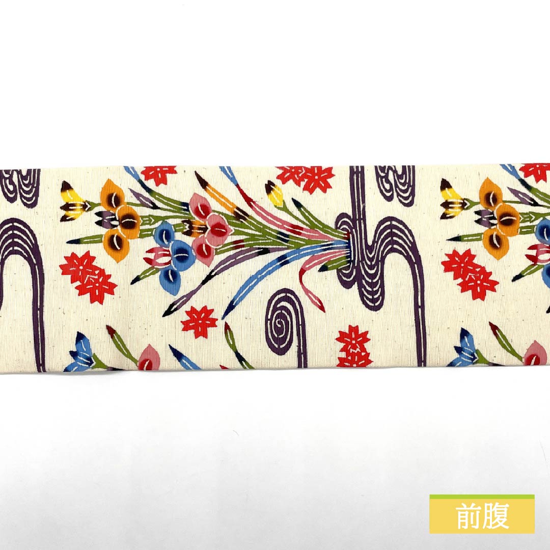 名古屋帯 生成り色(きなりいろ) 琉球紅型 観世流水 杜若 帯丈345cm 正絹 Aランク 全通 カジュアル クリーム系 1124007903315 名古屋仕立て