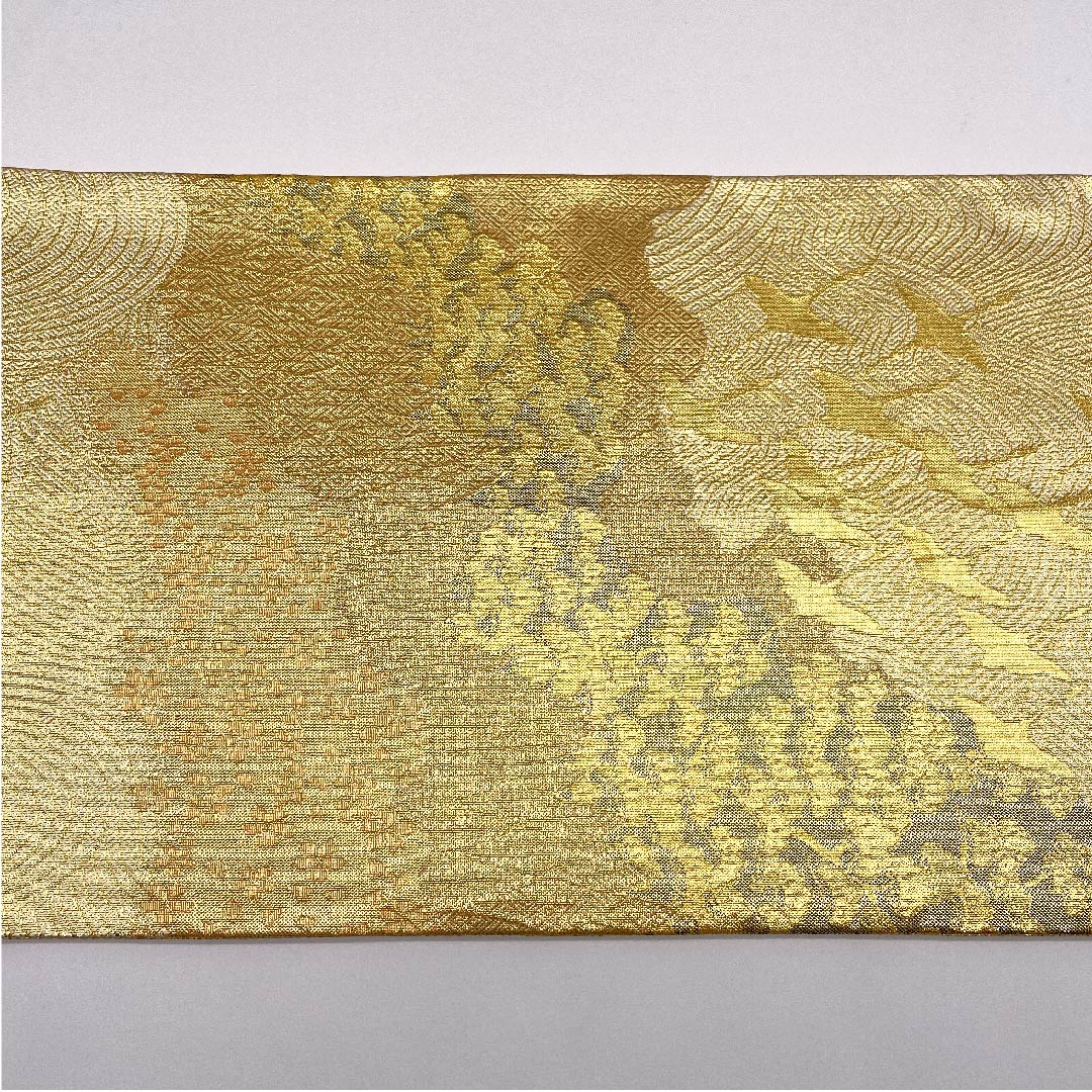 袋帯 金色 佐賀錦 桜 鶴 帯丈450cm 正絹 Aランク 六通 フォーマル 金系 1123006063321