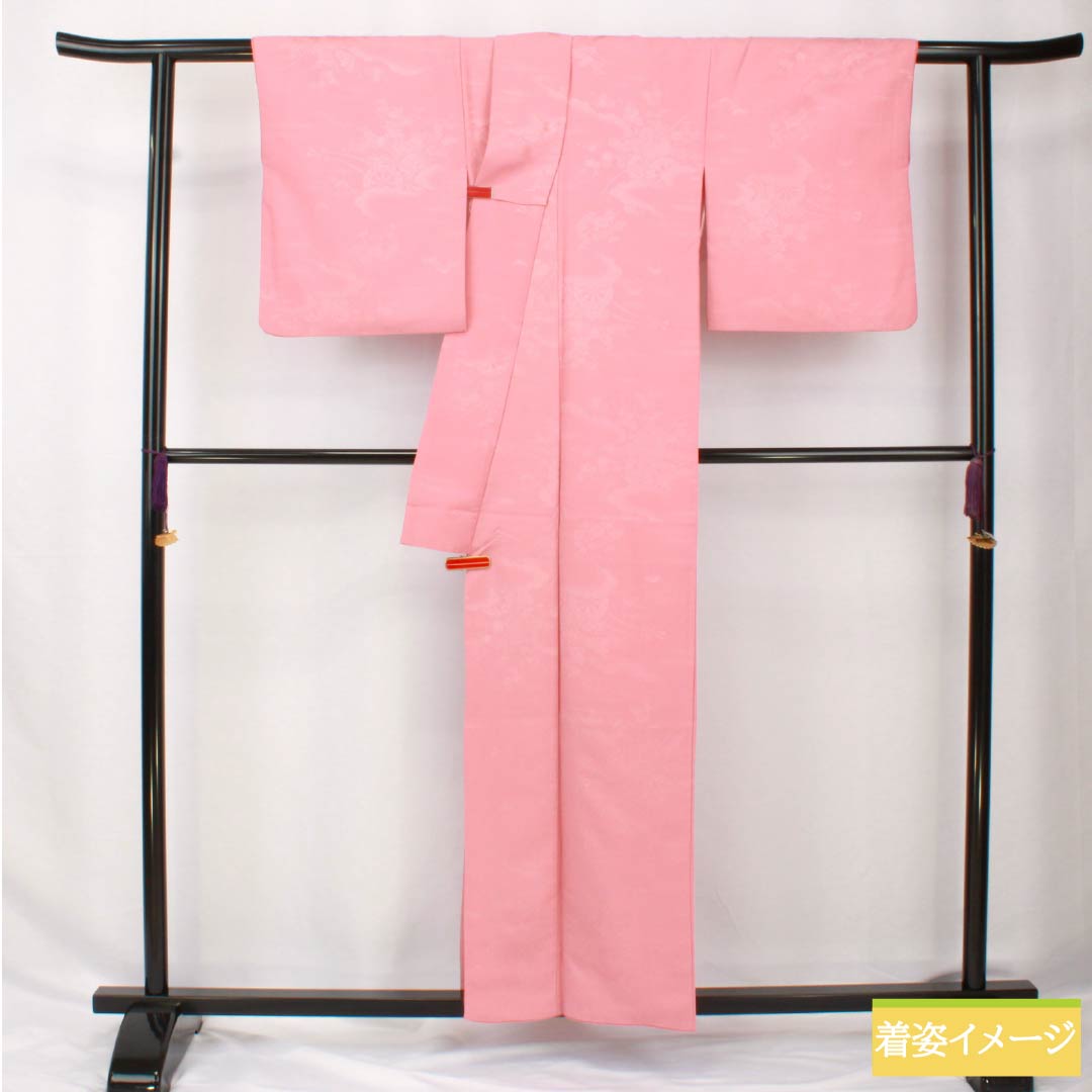 色無地 ポリエステル 身丈157cm 裄丈64cm 一重梅色(ひとえうめいろ) 綸子 花車 洗える着物 袷 Aランク ピンク系 1114002133313