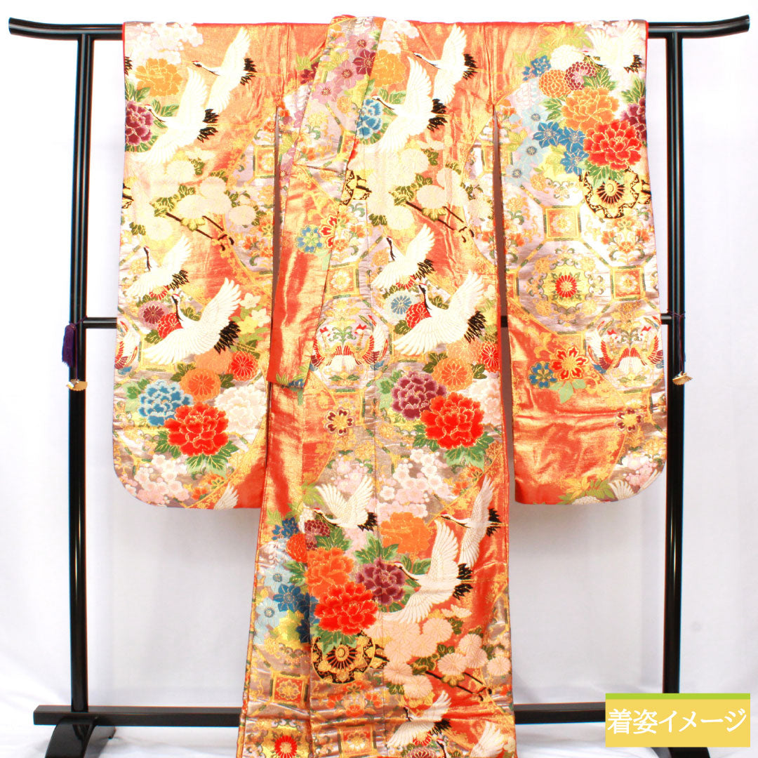 色打掛 正絹 Bランク 身丈195cm 裄丈69cm 唐織 鶴 鳳凰 花車 華文 袷 朱系 1110001034916