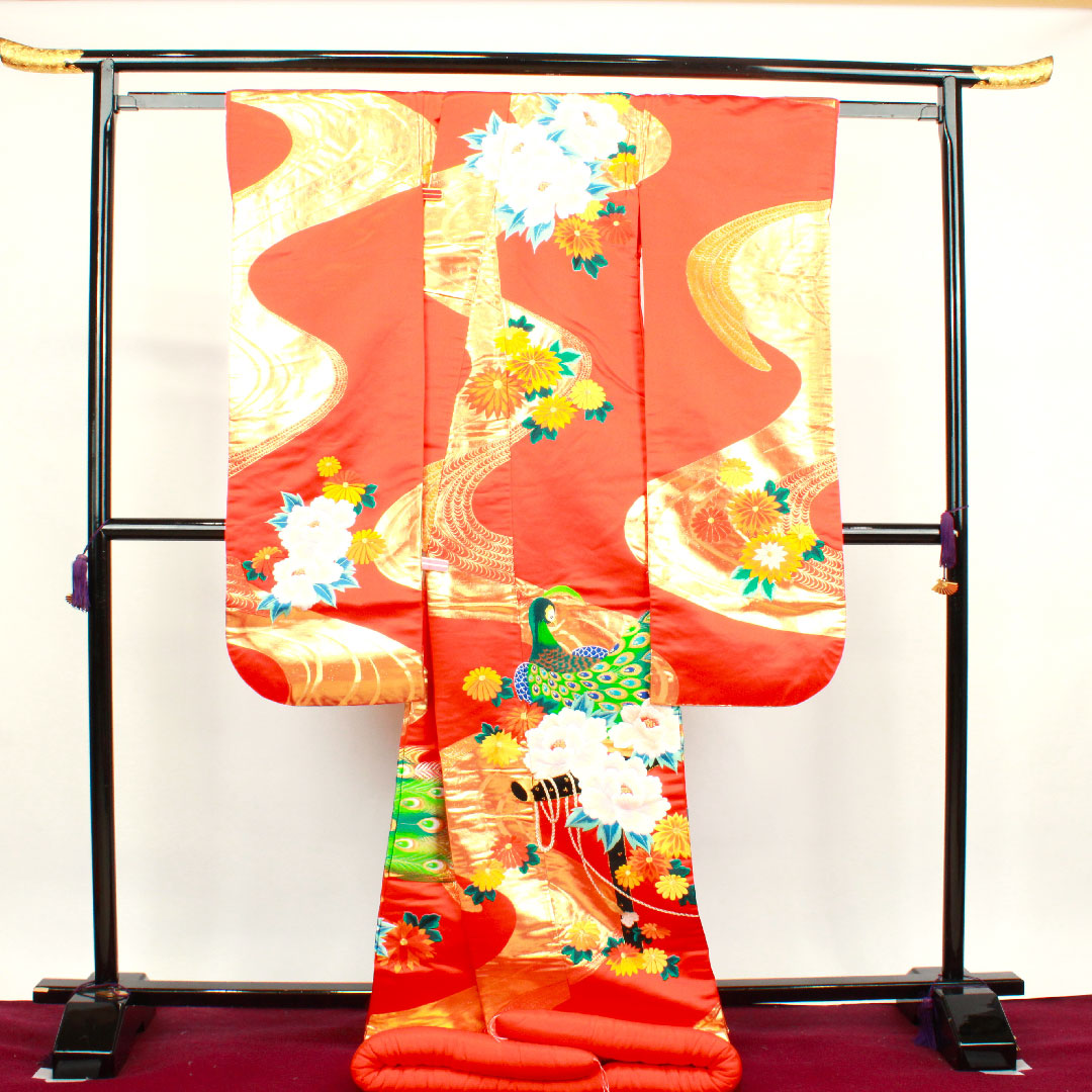 色打掛 身丈194cm 銀朱色 刺繡 孔雀 花車 正絹 Sランク 袷 朱系 1110000252916