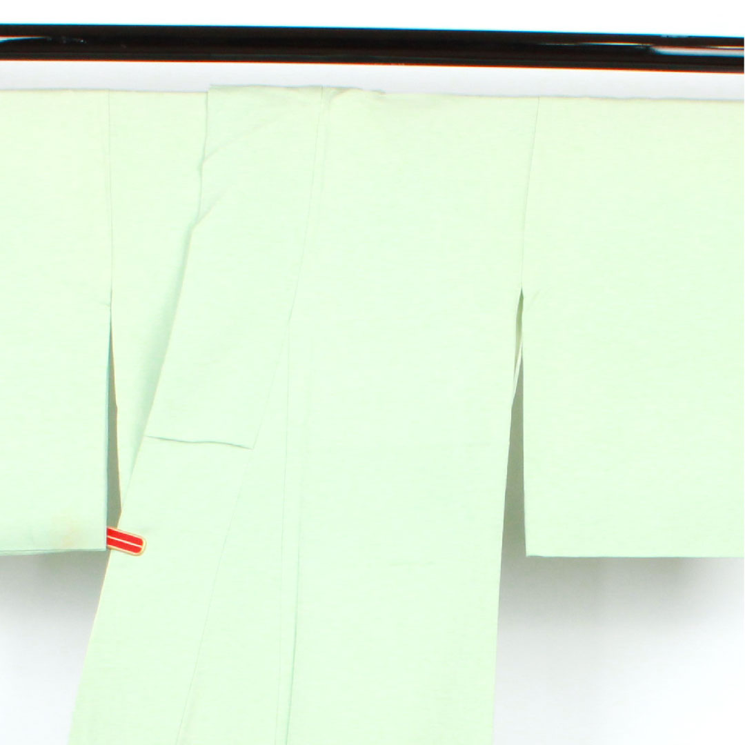 色留袖 身丈161.5cm 裄丈63cm 袷 錆青磁色 寿光織 風景模様 抱き茗荷 正絹 Bランク 三つ紋 緑系 1111000454419