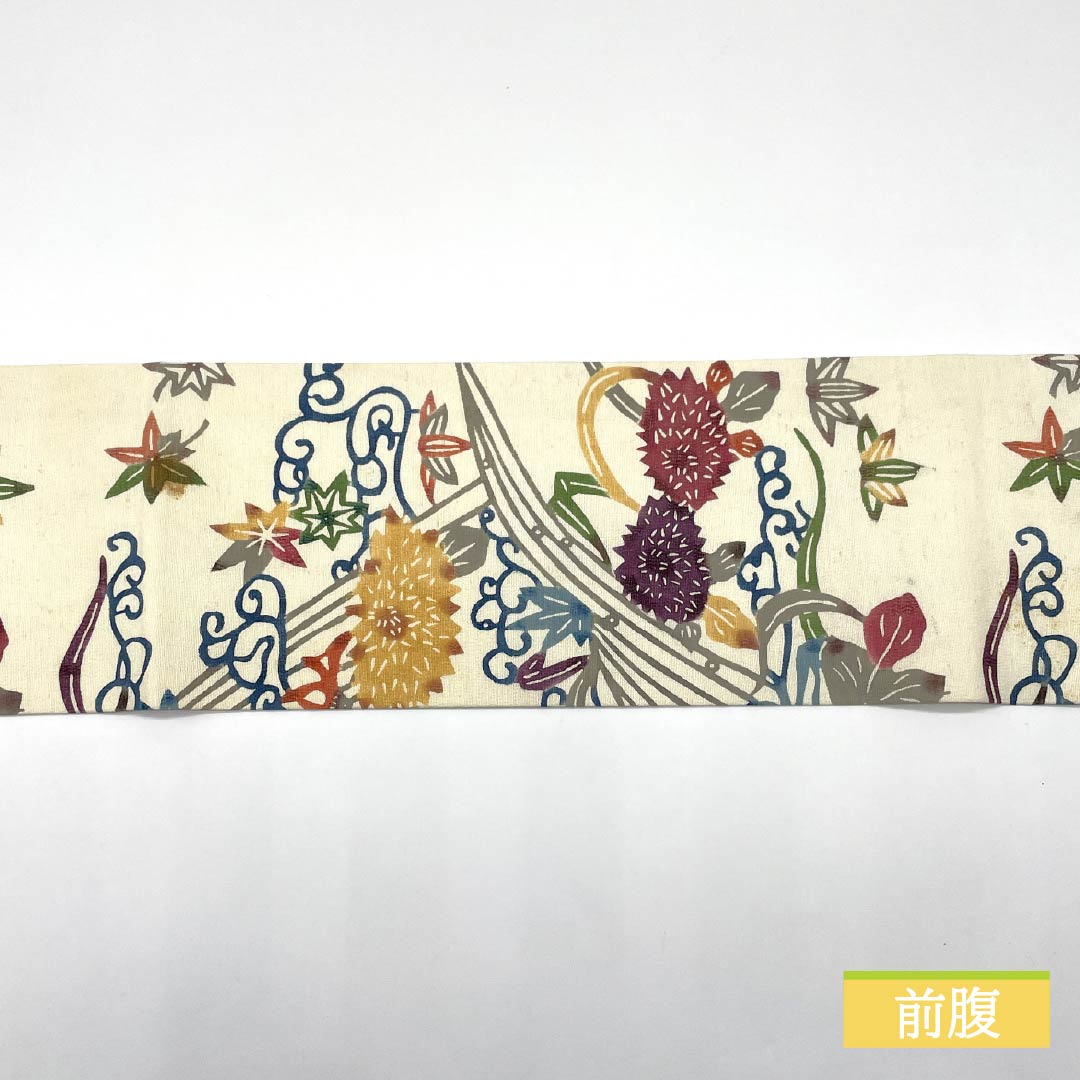 名古屋帯 生成り色(きなりいろ) 京紅型 抽象花 紅葉 帯丈350cm 正絹 Bランク 六通 カジュアル クリーム系 1124006954315 名古屋仕立て