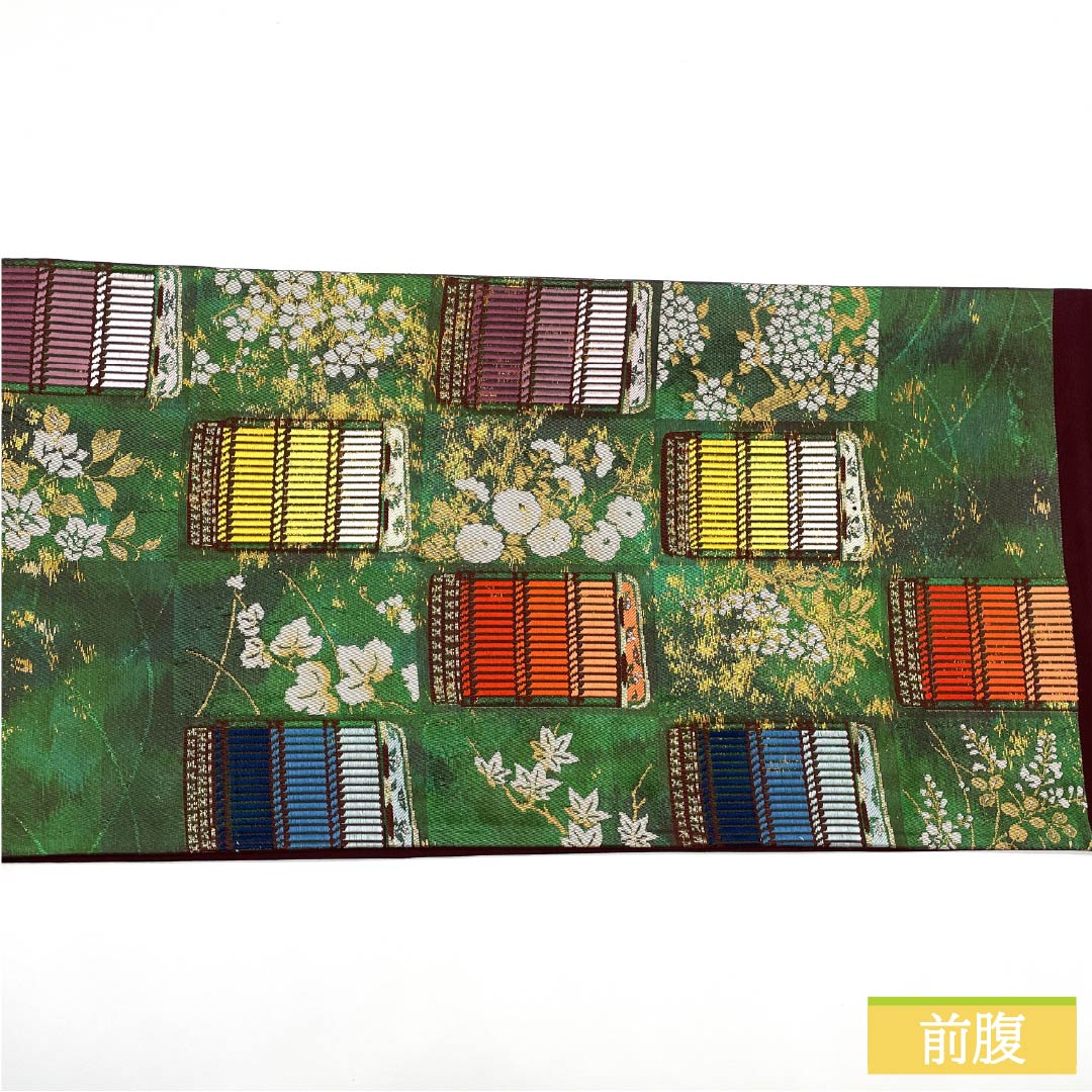 Fukuro Obi (Biroudo-iro) Silk, Plum, Ivy, Wisteria, Cherry Blossoms, Length 424cm, A Rank, Six-way, Formal, Green, 1123012113319