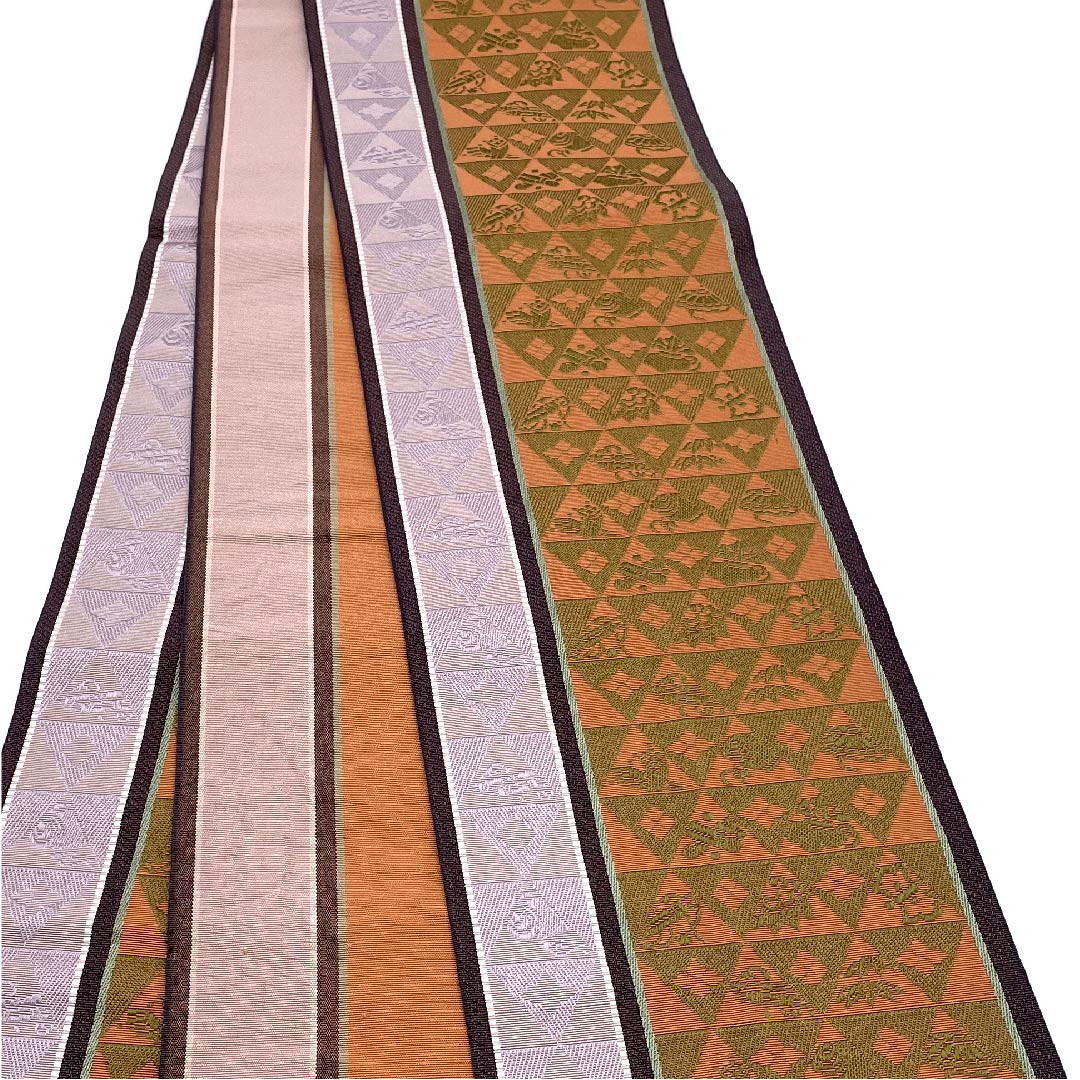 (未仕立)半幅帯 正絹 帯丈354cm 陶塑色(とうそいろ) 宝尽くし 博多織 本場筑前 橙系 Aランク 1125001393326