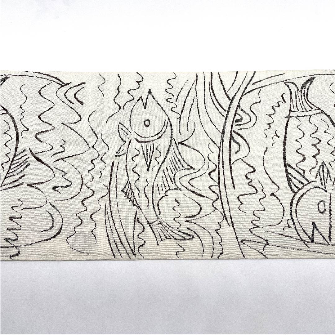 Fukuro Obi (milky white obi) with fish motif, Katsuyama Orimono, obi length 434cm, pure silk, A rank, six-pass, casual, white, 1123008073311