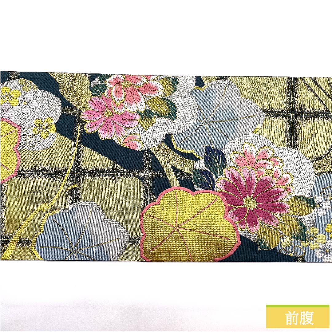 袋帯 高麗納戸色(こうらいなんどいろ) 梅 桜 花模様 石畳 帯丈430cm 正絹 Sランク 六通 フォーマル 緑系 1123010482319