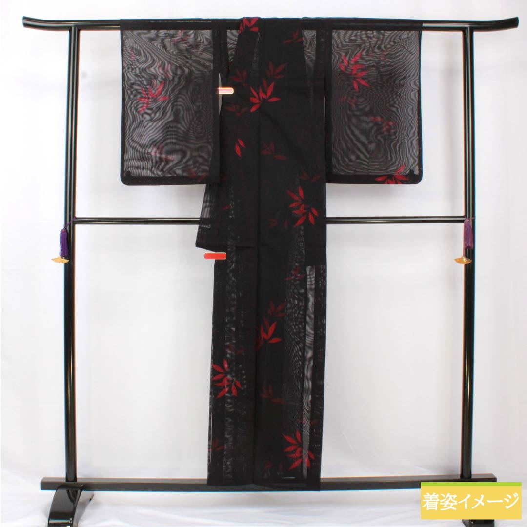 Summer pure silk komon length 157.5cm sleeve length 62.5cm branches leaves gauze S rank black 1132002022310