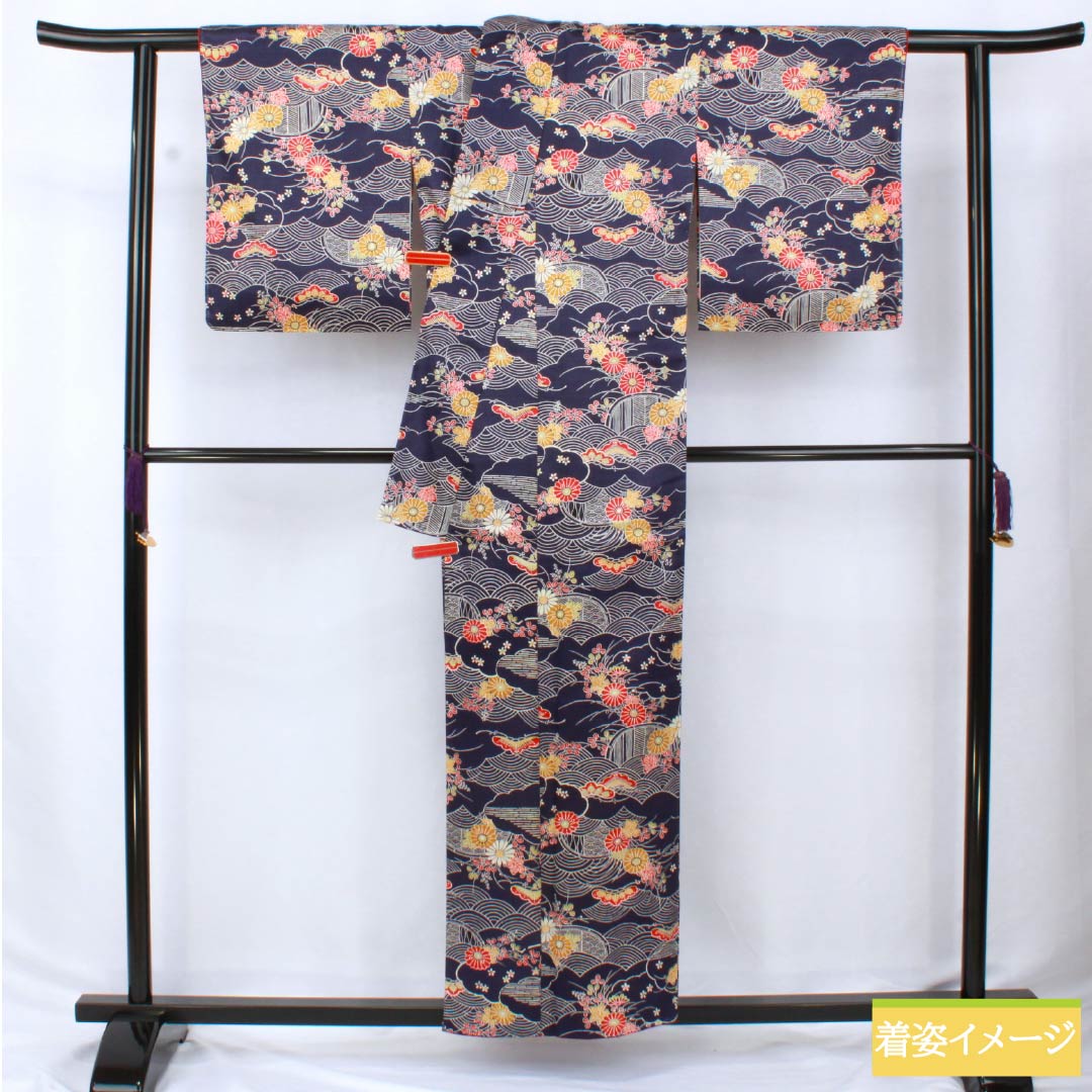 小紋 正絹 身丈157cm 裄丈63cm 袷 型染 青海波 松 花 Sランク 紺系 1115005902318