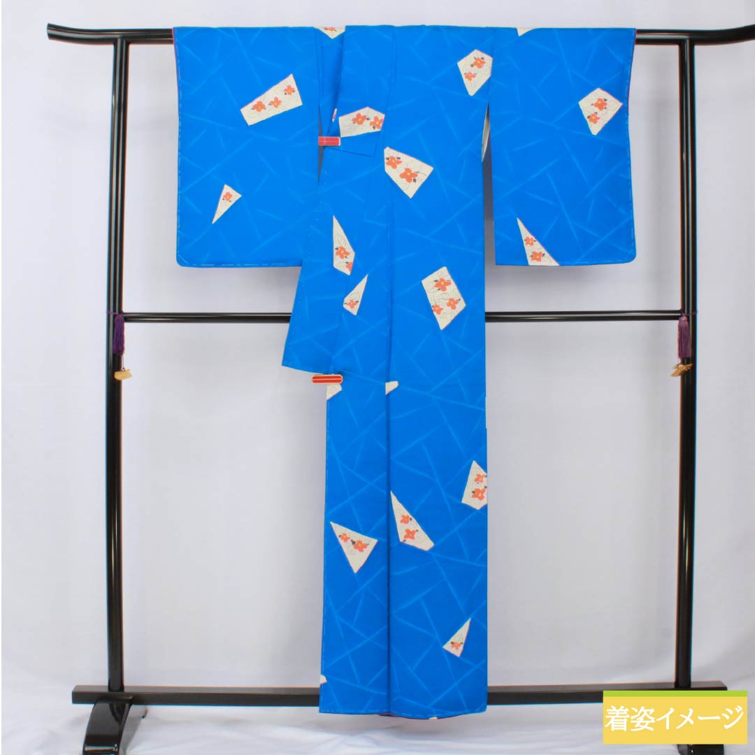 Komon, pure silk, length 159cm, sleeve length 64.5cm, lined, gold and blue pearl color, Kyoto Yuzen, split pattern, flower pattern, with basting thread, A rank, blue, 1115005753317