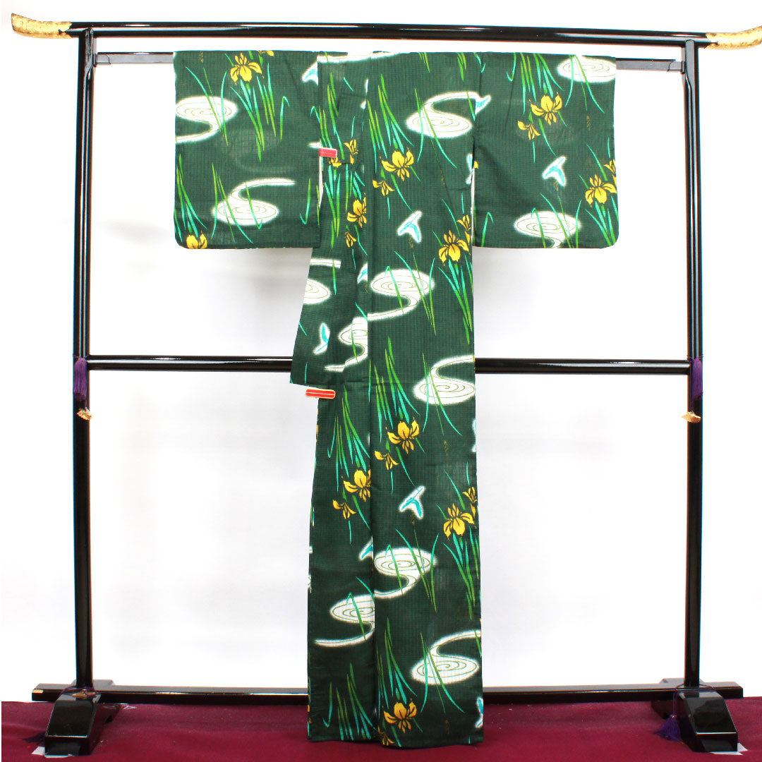 浴衣 黒緑色 菖蒲 トンボ 木綿 Sランク 単衣 身丈165.5cm 裄丈67.5cm 緑系 1118003832519