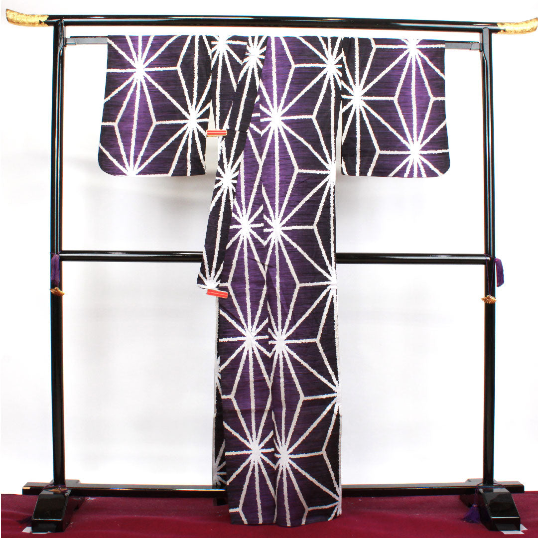 浴衣 麻の葉 木綿 Sランク 単衣 身丈162.5cm 裄丈69.5cm 紫系 1118003942420