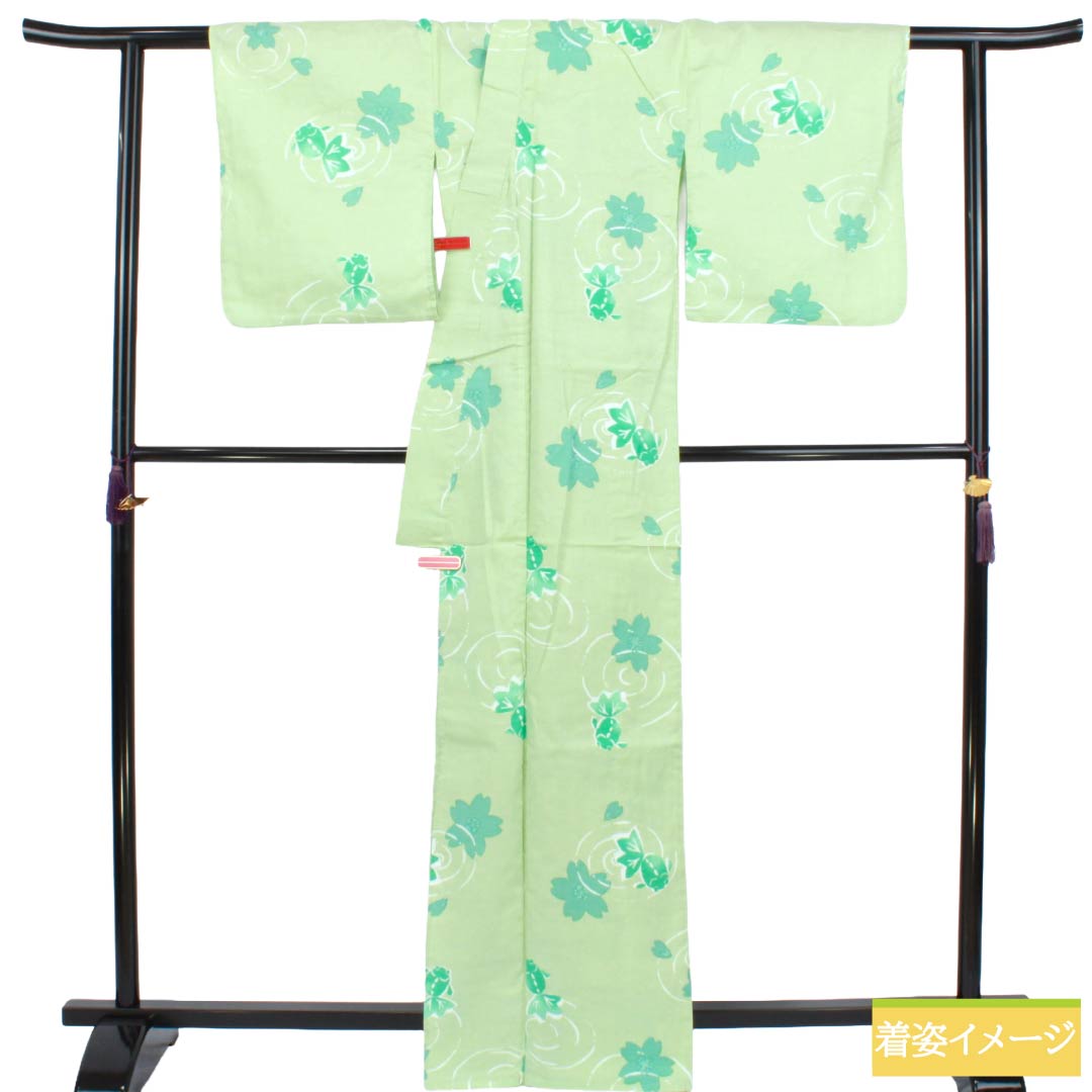浴衣 木綿 Sランク 身丈166cm 裄丈67.5cm 龍泉青瓷釉色(ロンチュエンチンツーユースーいろ) 波 金魚 桜 単衣 緑系 1118006902519