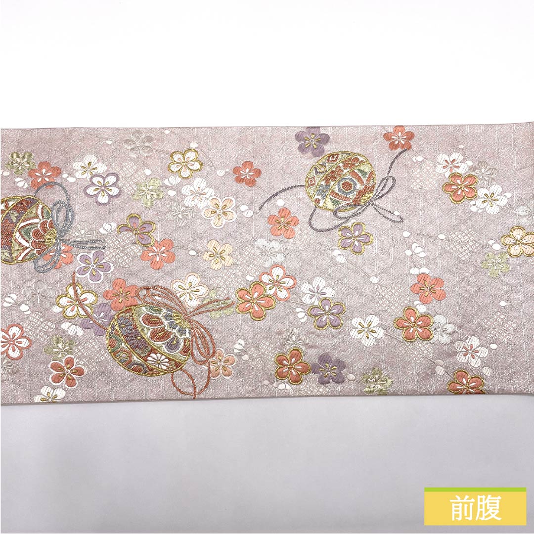 袋帯 正絹 退紅色(あらそめいろ) 振袖用 毬 花模様 帯丈436cm Aランク 六通 フォーマル ピンク系 1123014703313