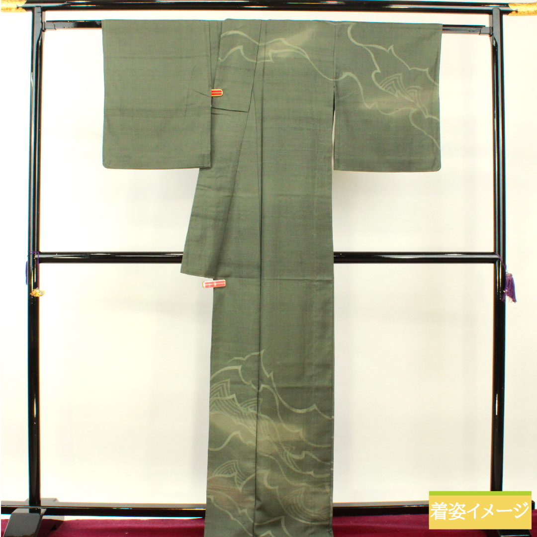 訪問着 正絹 単衣 身丈168.5cm 裄丈66.5cm 鈍色(にびいろ) 紬地 抽象模様 Sランク 緑系 1112004212519