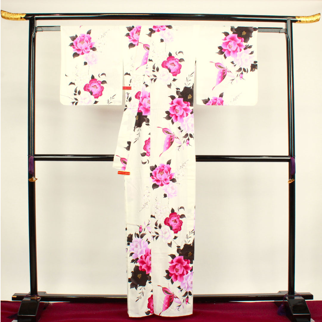 Yukata Butterfly Rose Kansai Yamamoto Cotton S Rank Single Layer Length 162.5cm Sleeve Length 68.5cm White 1118001842411