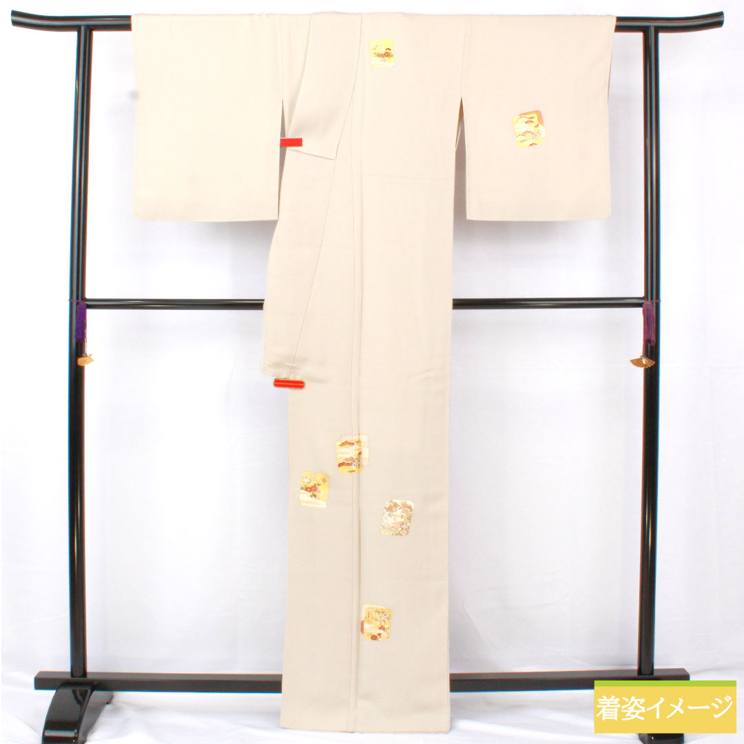 訪問着 正絹 袷 身丈167.5cm 裄丈66.5cm 生成り色(きなりいろ) 京友禅 吉祥文様 付下げ Aランク グレー系 1112005703522