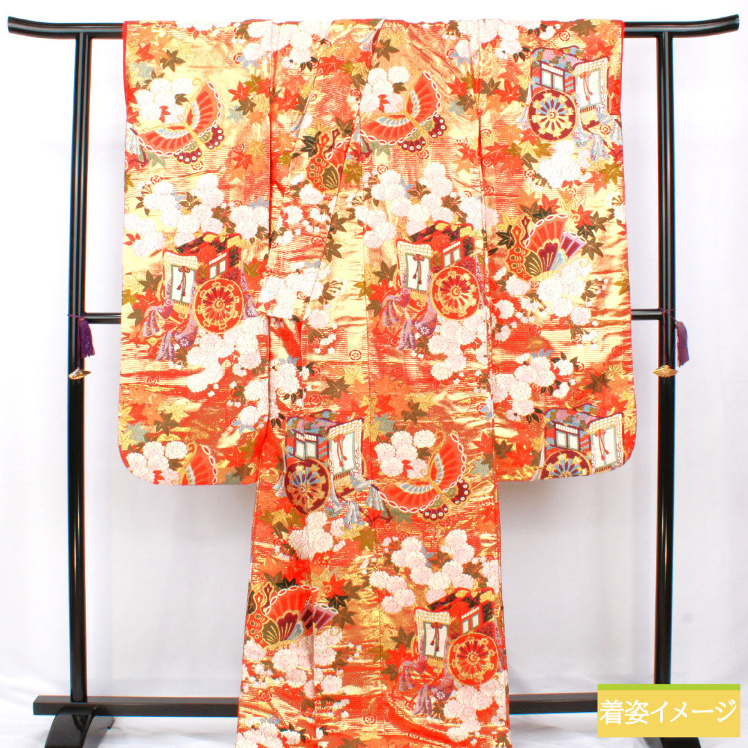 色打掛 正絹 Aランク 身丈184cm 裄丈60.5cm 唐織 蝶 草花模様 袷 朱系 1110001003916