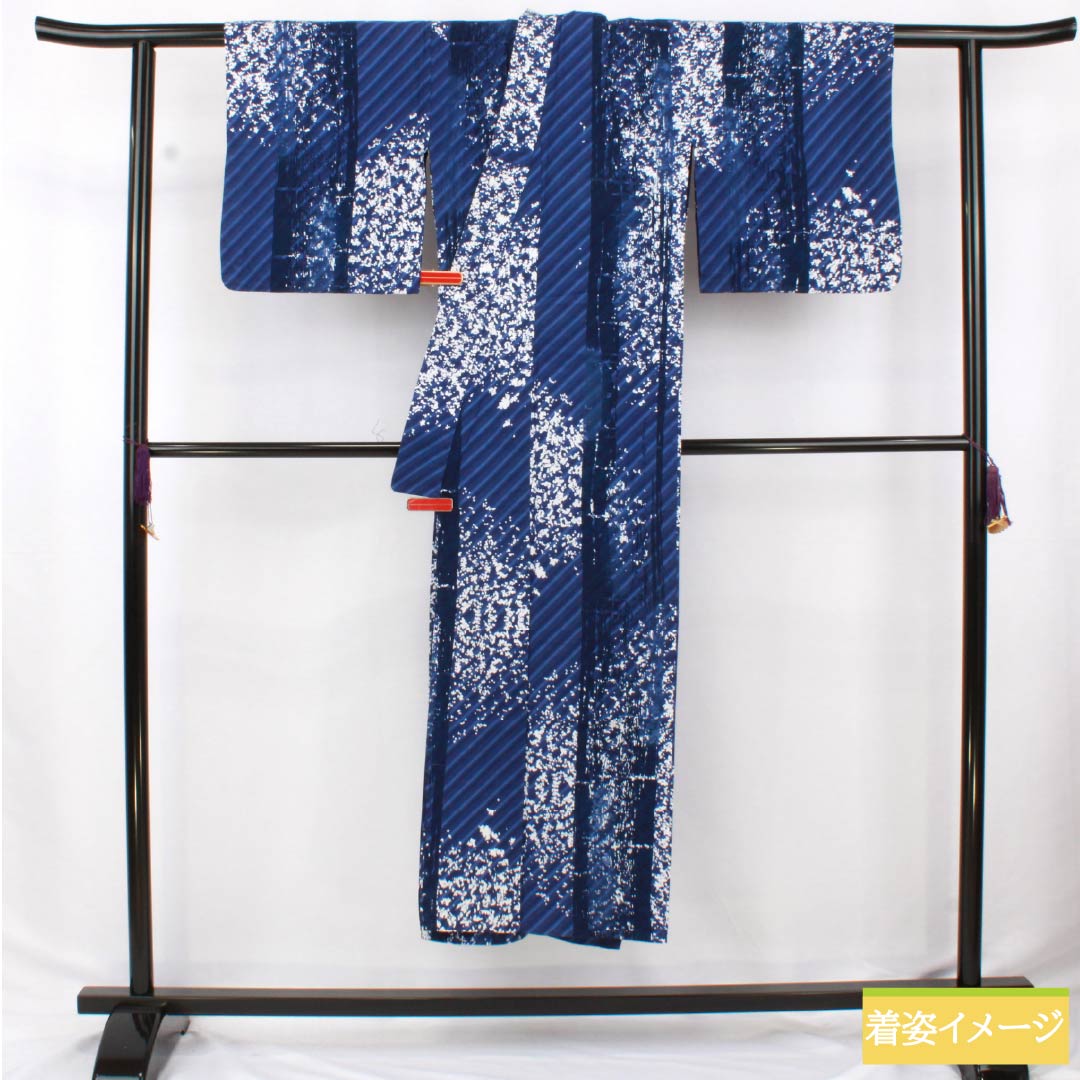 浴衣 木綿 身丈144.5cm 裄丈62.5cm Sランク 単衣 青系 抽象模様 1118006642117